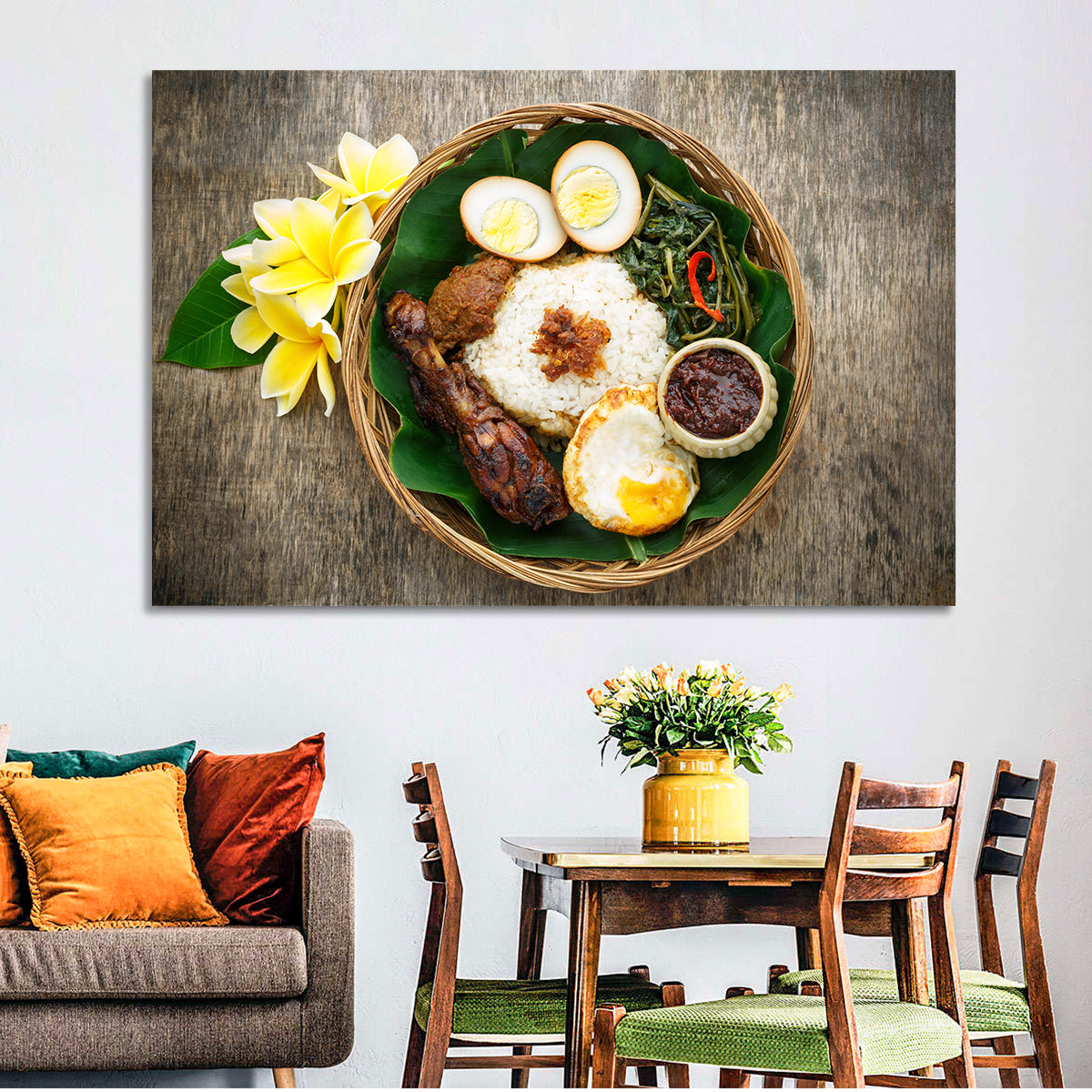 Nasi Campur in Woven Basket Wall Art in a room, landscape