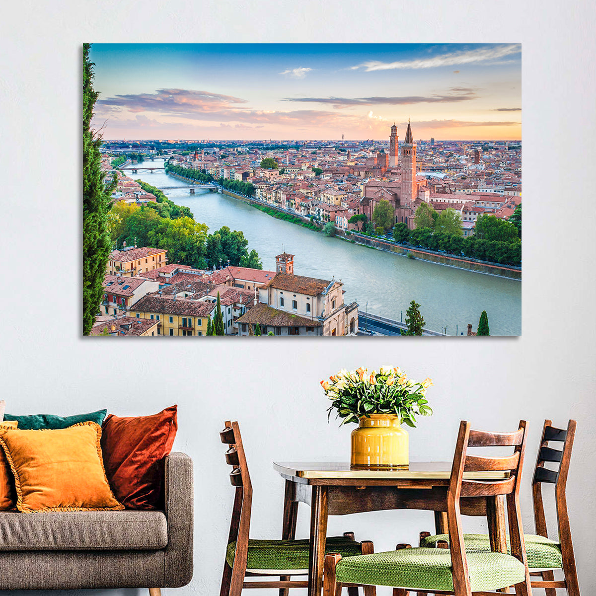 Verona Riverbend at Golden Hour Wall Art in a room, landscape