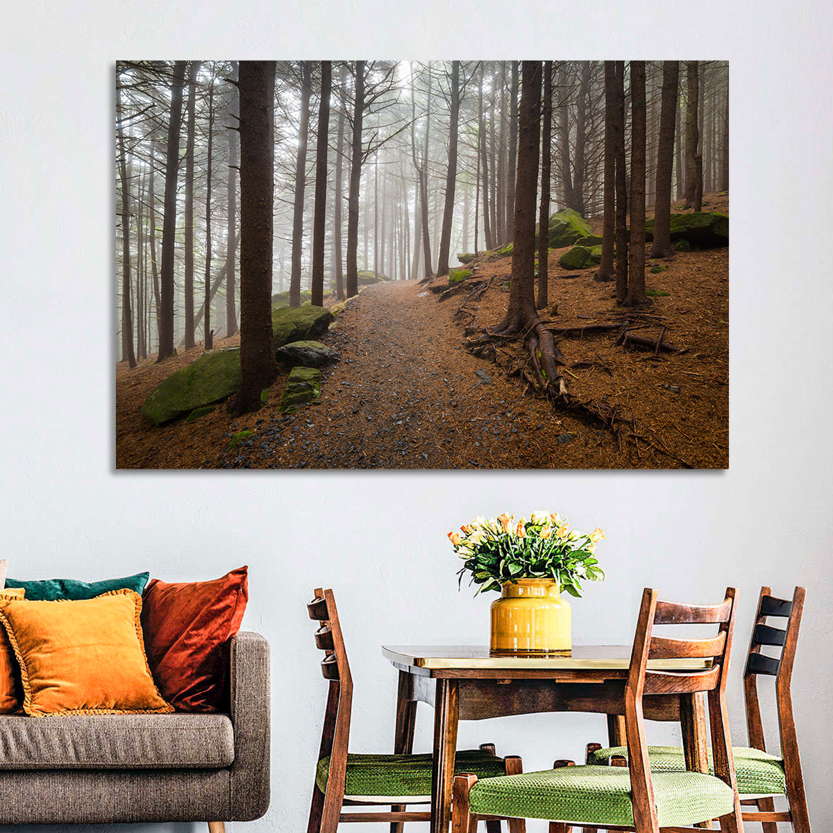 Misty Appalachian Trail Path Wall Art in a room, landscape