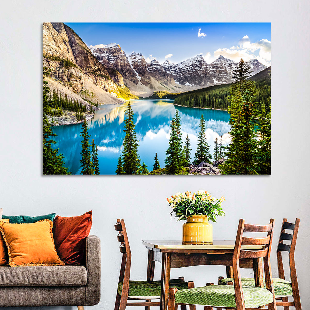 Moraine Lake Reflections Wall Art in a room, landscape