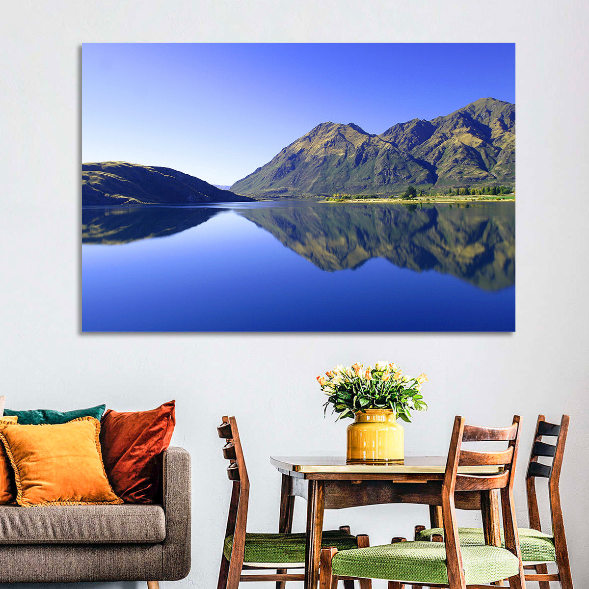 Lake Hawea Mirror Reflection Wall Art in a room, landscape