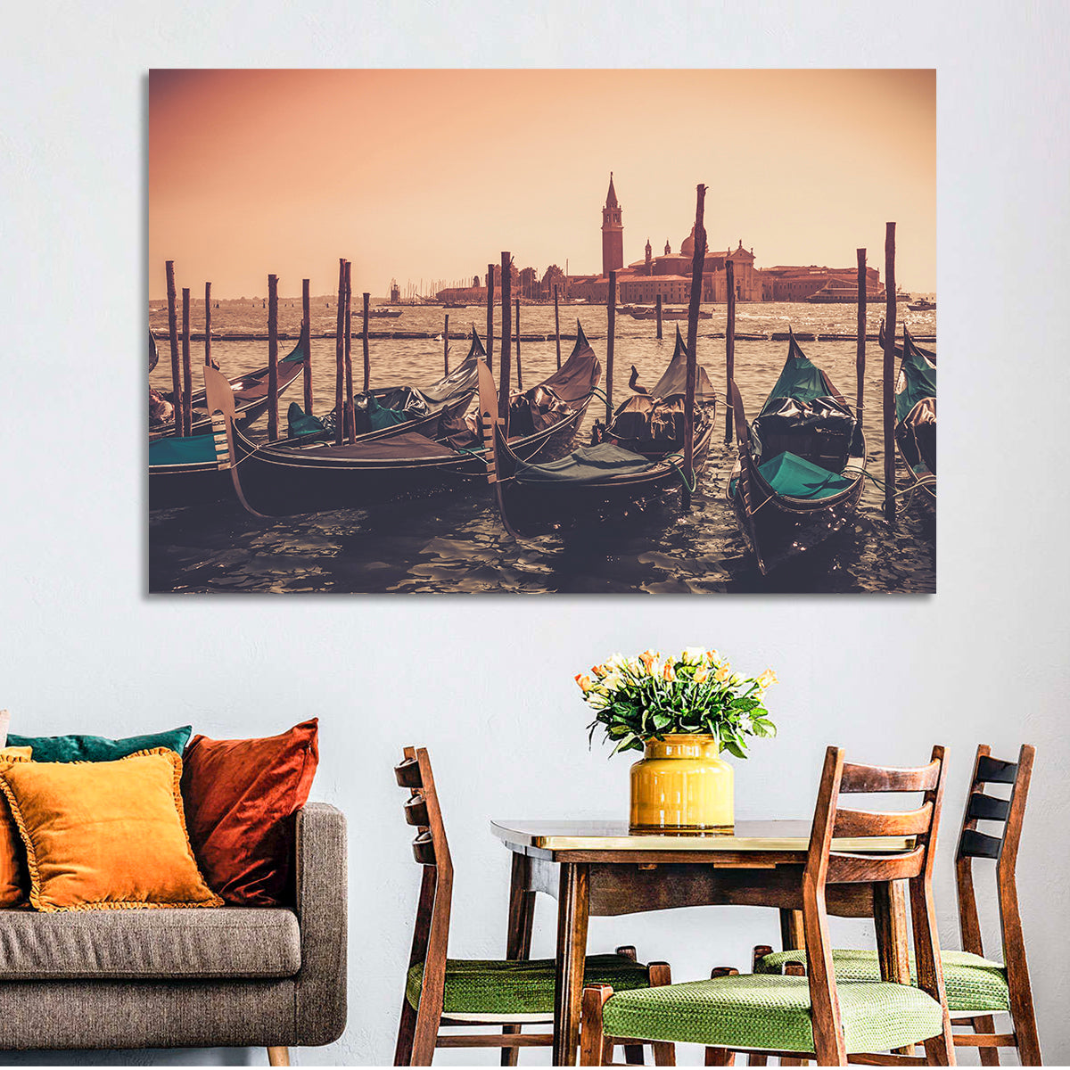 Venetian Gondolas at Dusk Wall Art in a room, landscape