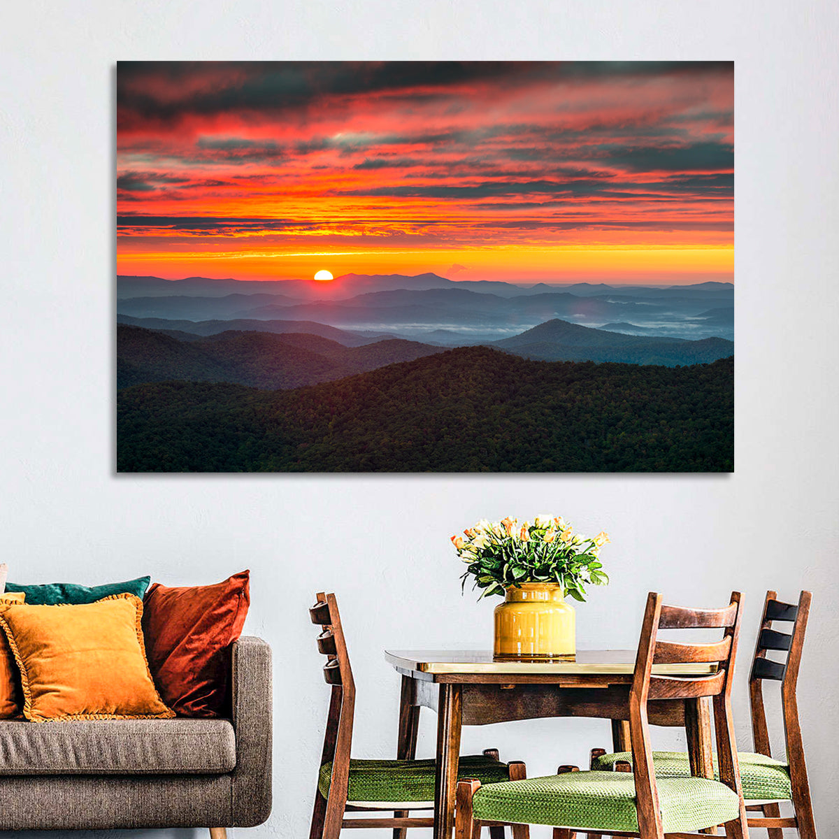 Blue Ridge Sunrise Over Misty Ridges Wall Art in a room, landscape