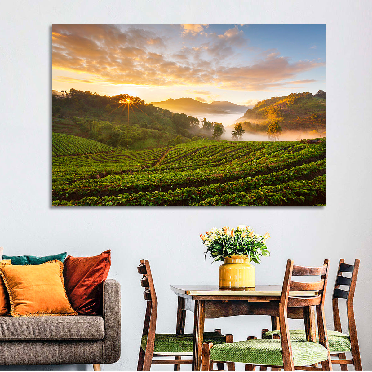 Strawberry Fields Sunrise Wall Art in a room, landscape