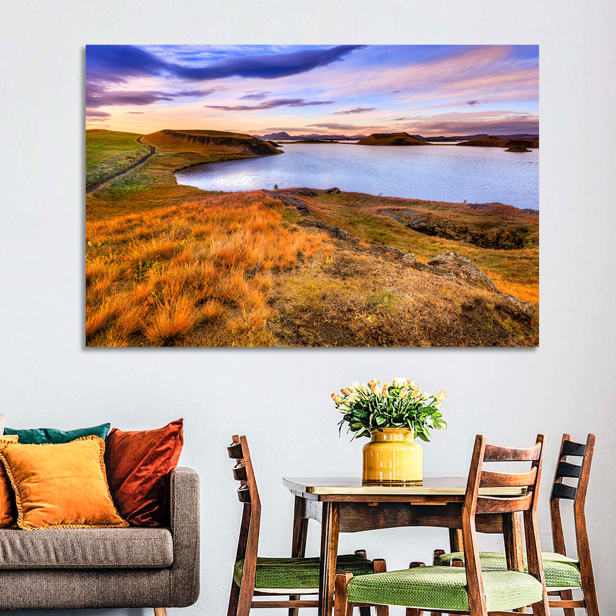 Sunset Over Lake Myvatn Wall Art in a room, landscape