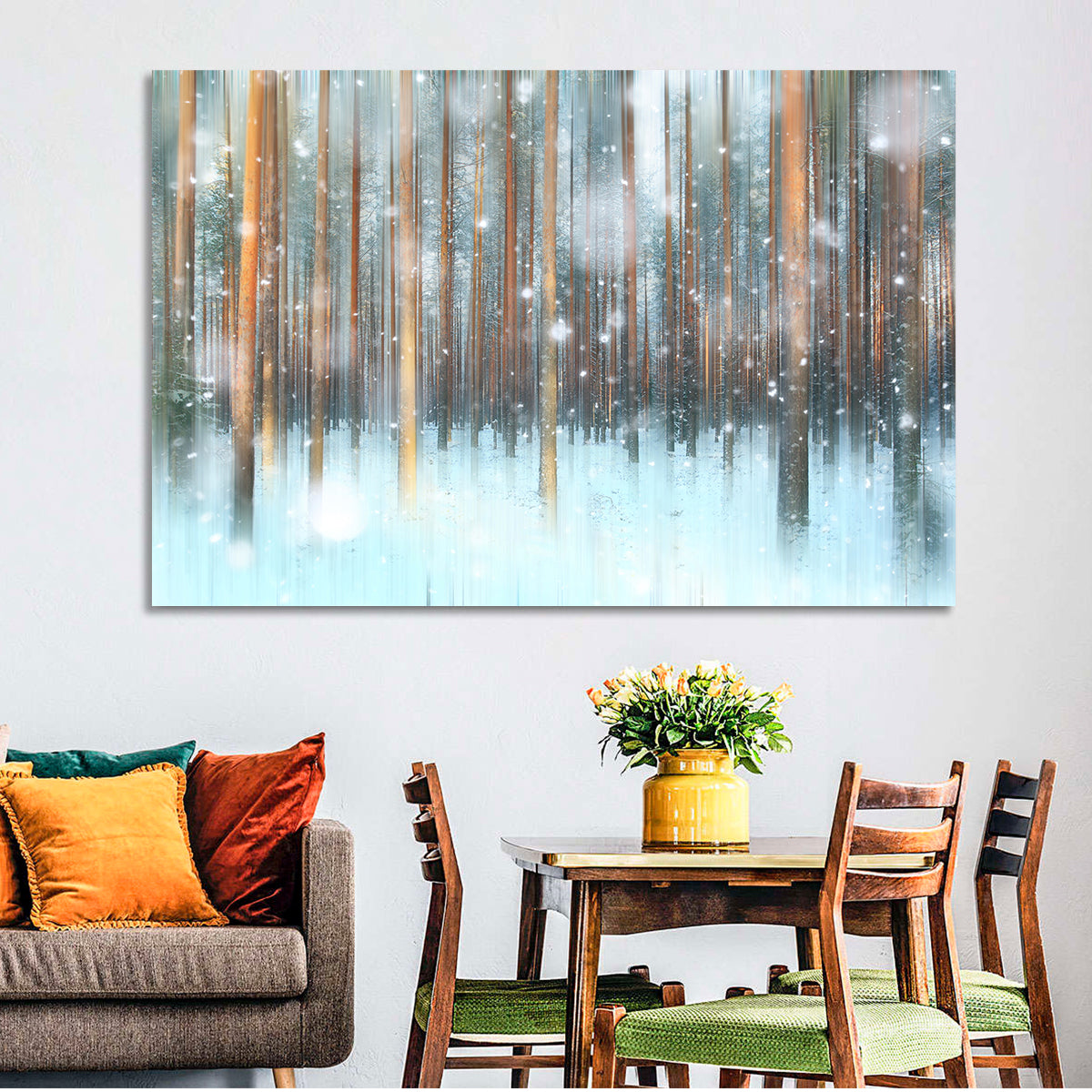 Ethereal Snowy Pine Forest Wall Art in a room, landscape