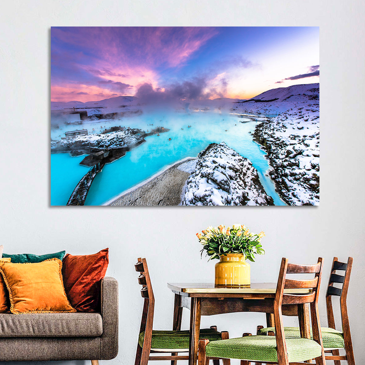 Blue Lagoon Grindavík Sunrise Wall Art in a room, landscape