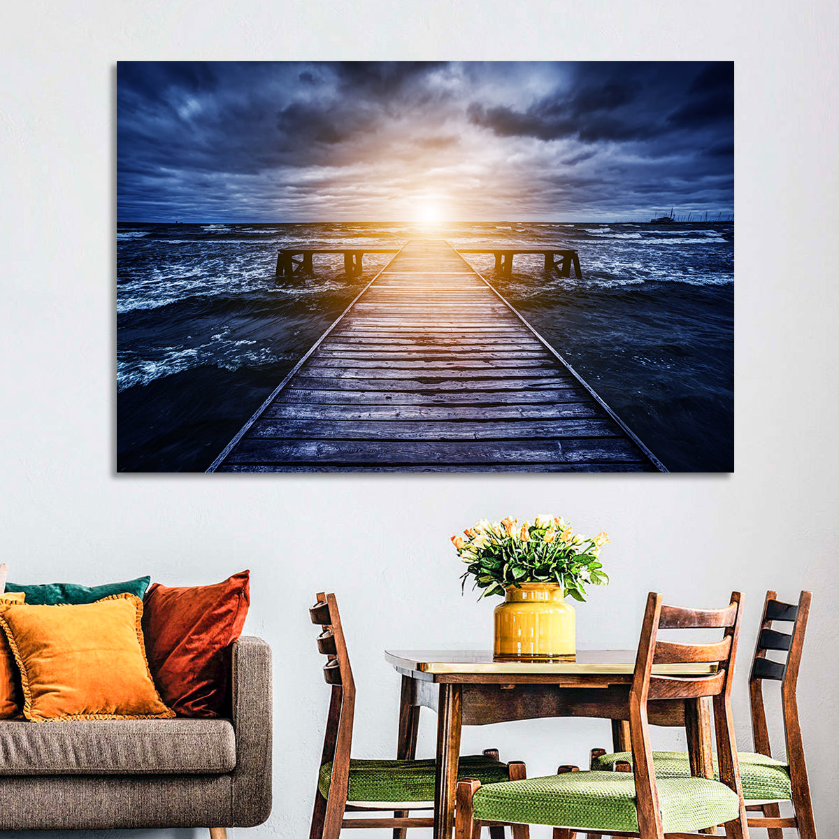 Sunlit Wooden Jetty at Dusk Wall Art