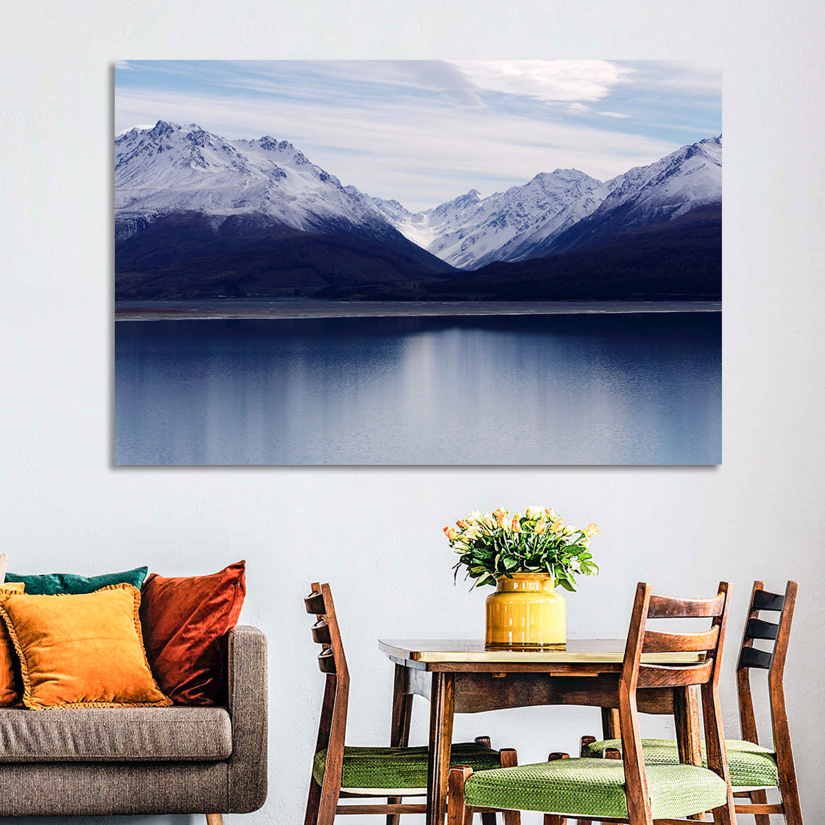 Lake Pukaki Reflection Wall Art in a room, landscape