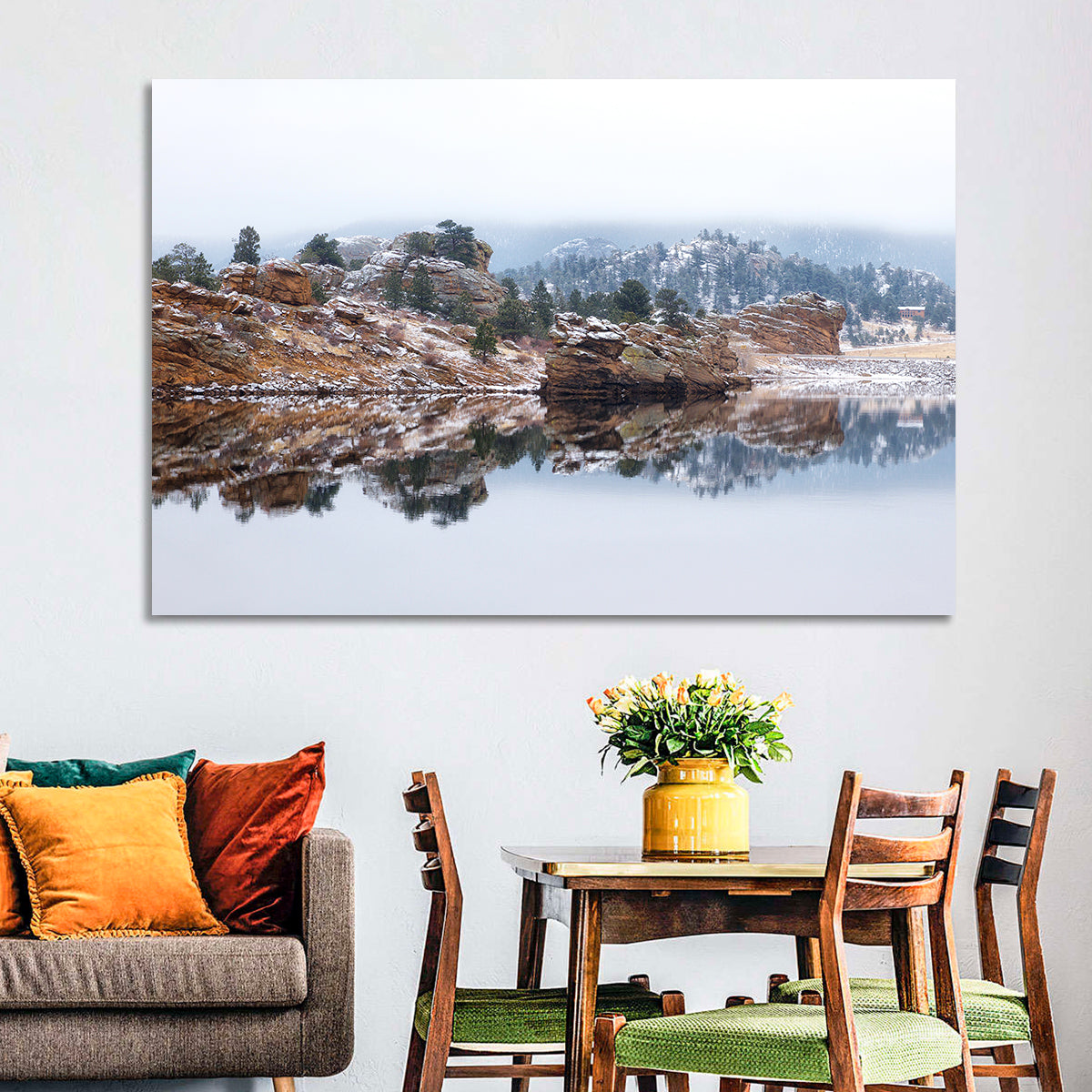 Marys Lake Foggy Reflection Wall Art in a room, landscape