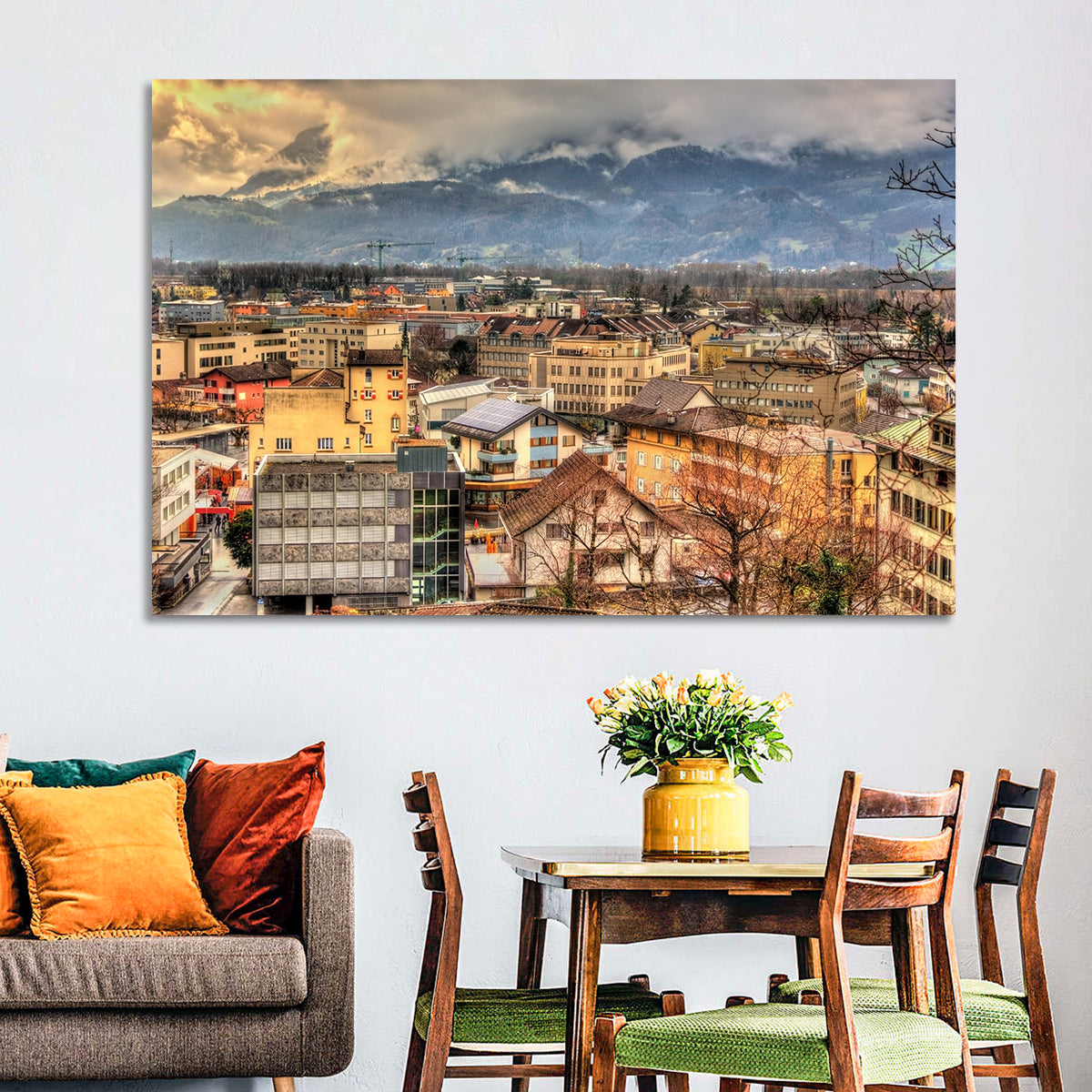 Vaduz Autumn Cityscape Wall Art in a room, landscape