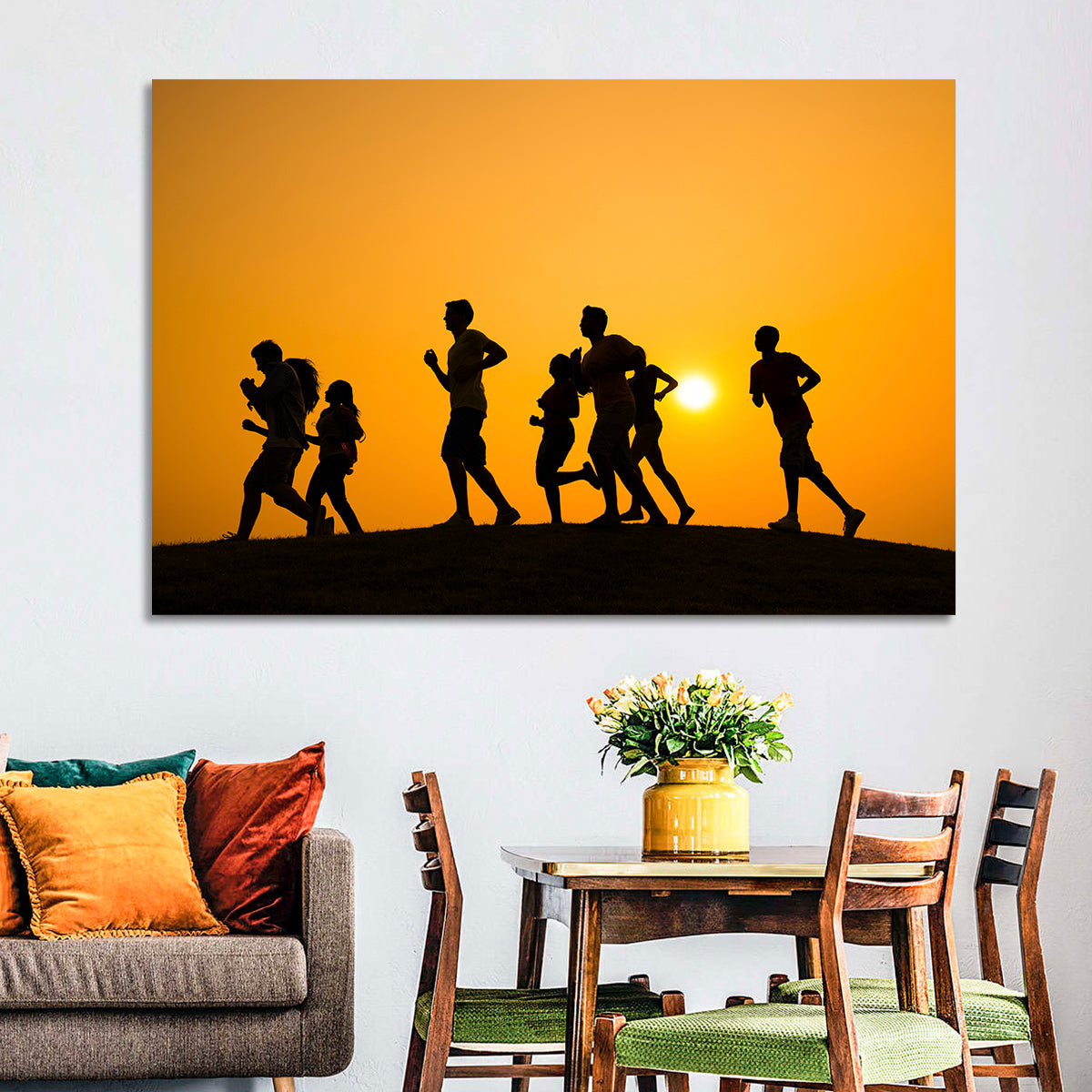 Six Runners Silhouette at Golden Sunset Wall Art in a room, landscape