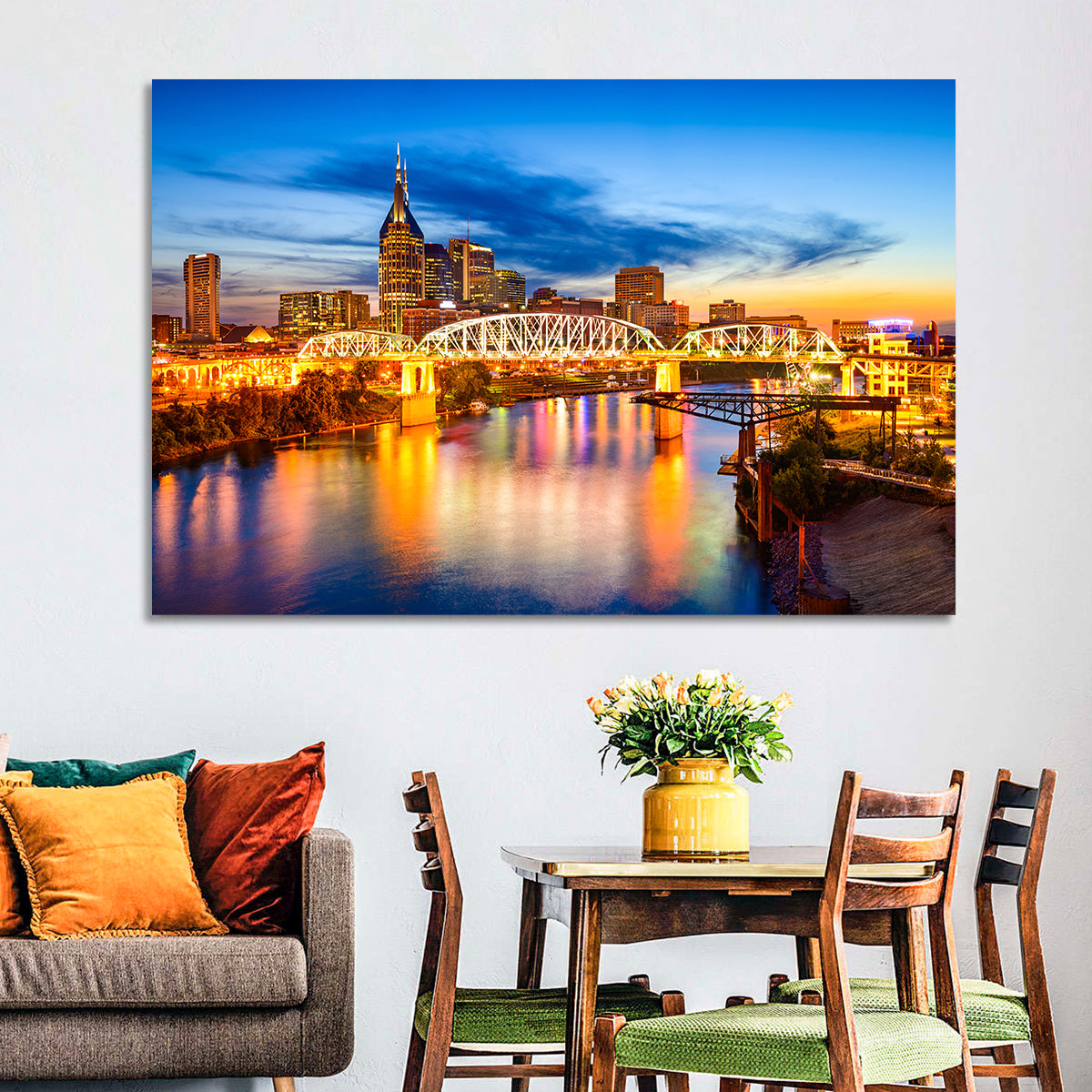 Nashville Skyline at Twilight Bridge Reflections Wall Art