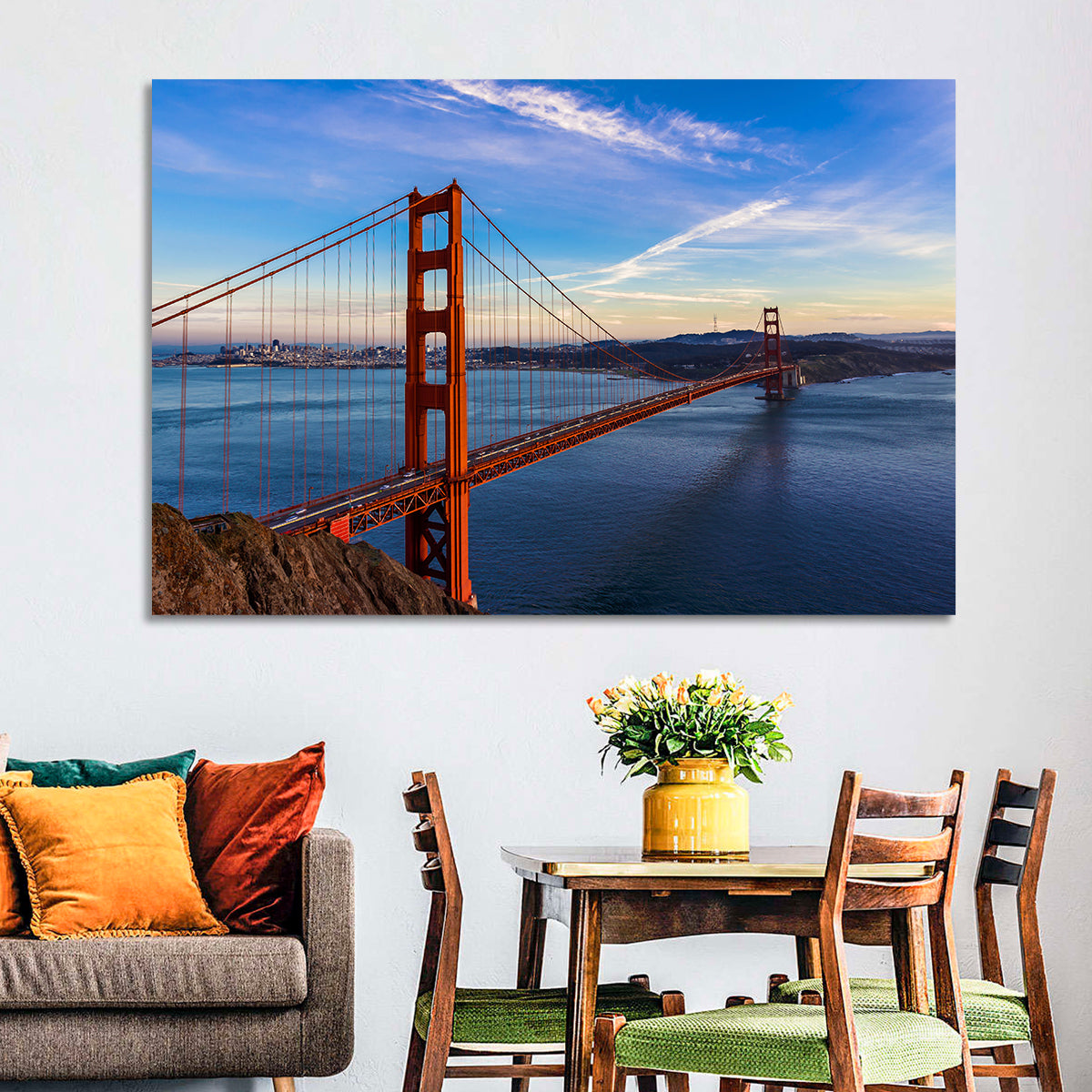 Golden Gate Bridge at Golden Hour Wall Art in a room, landscape