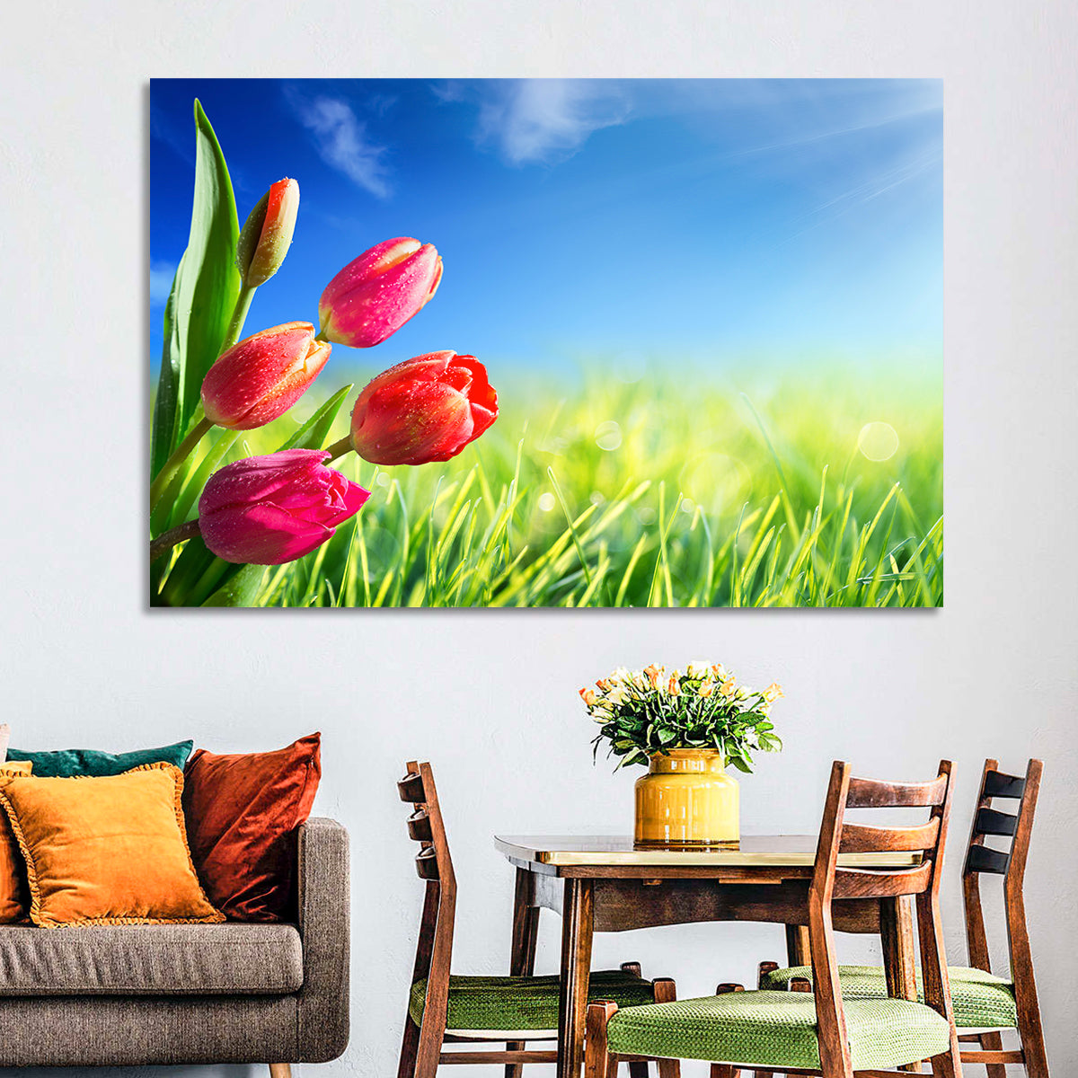Dewy Red Tulips Under Blue Sky Wall Art