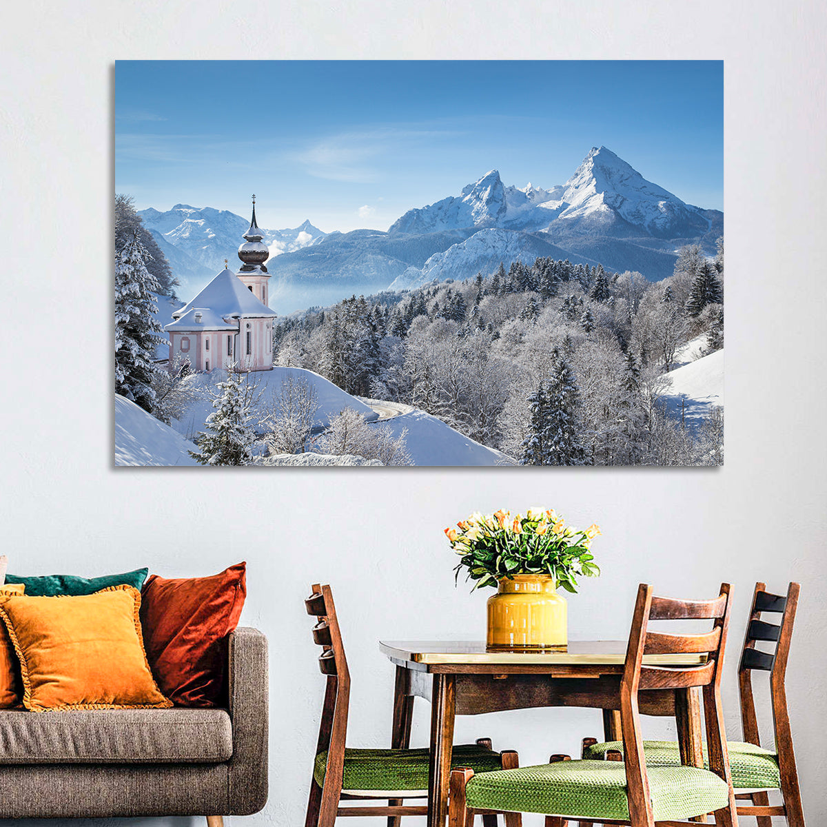 Maria Gern Church and Watzmann in Winter Wall Art in a room, landscape