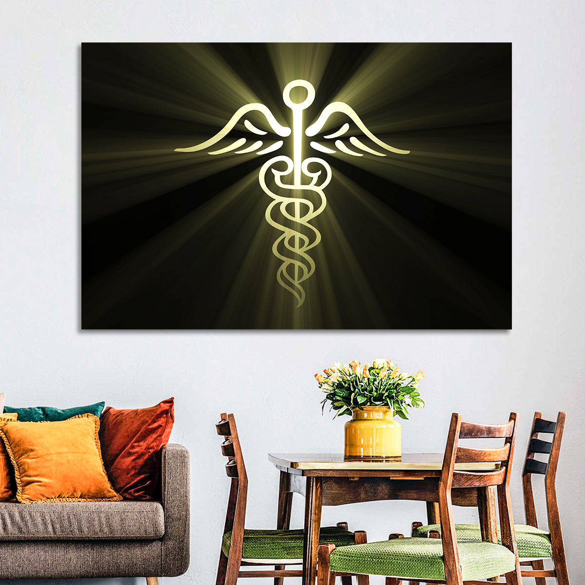 Medical Corps Caduceus Emblem Wall Art in a room, landscape
