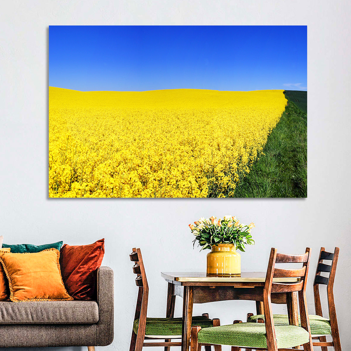 Sunlit Rapeseed Field Wall Art in a room, landscape
