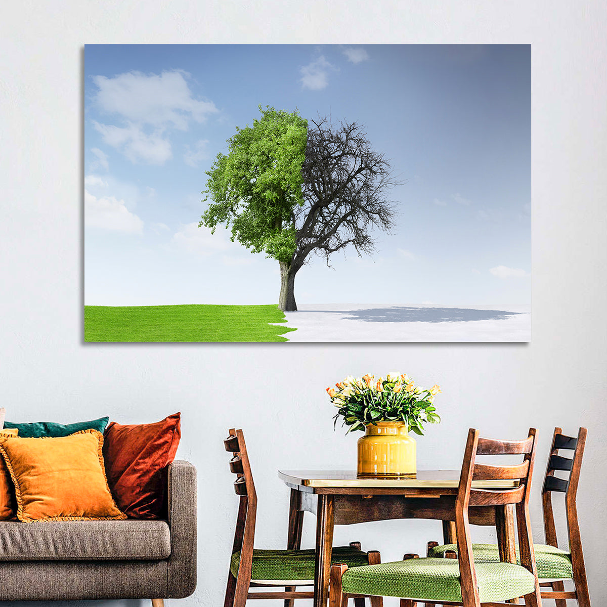 Split Seasons Tree Wall Art in a room, landscape