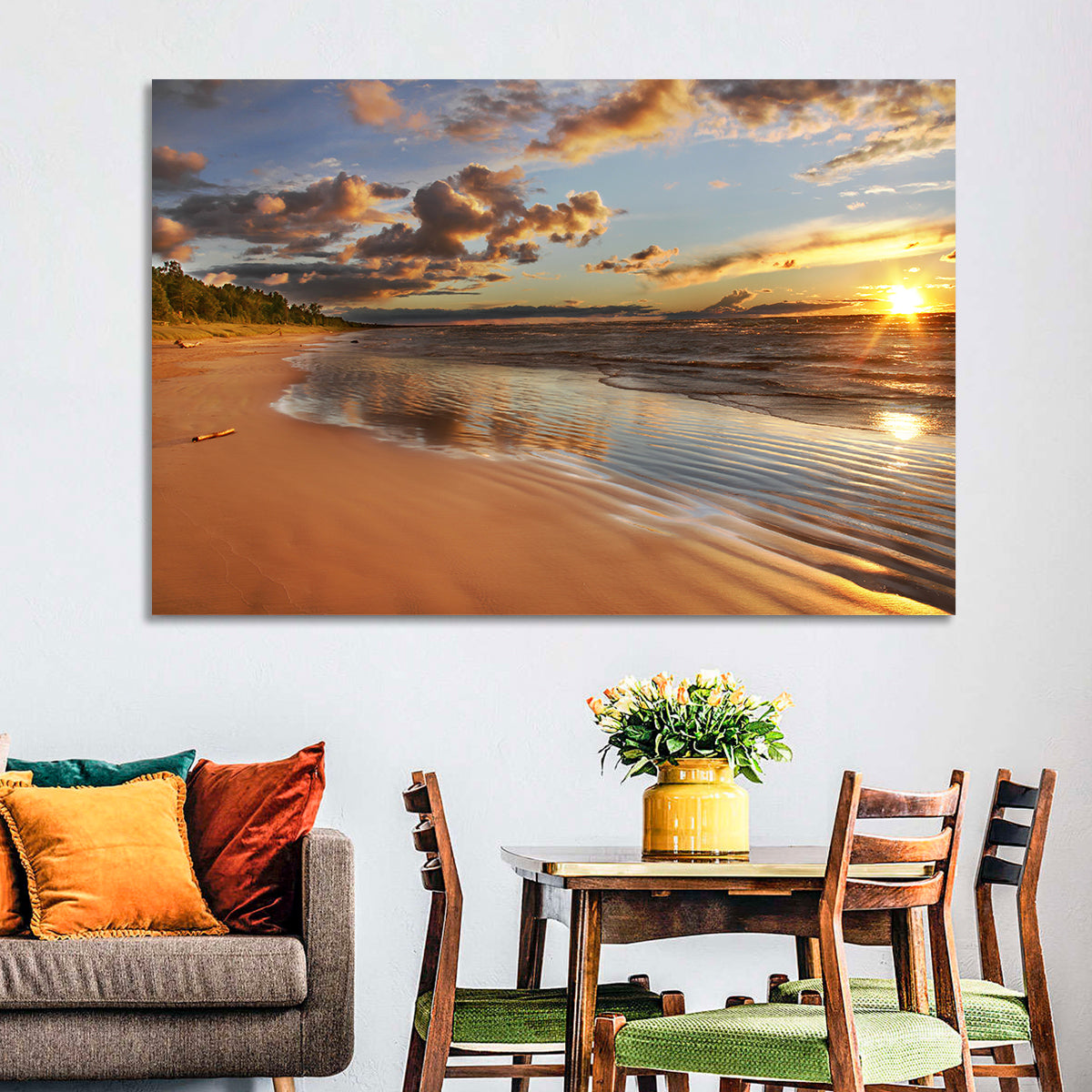 Lake Huron Sunset Beach Wall Art in a room, landscape