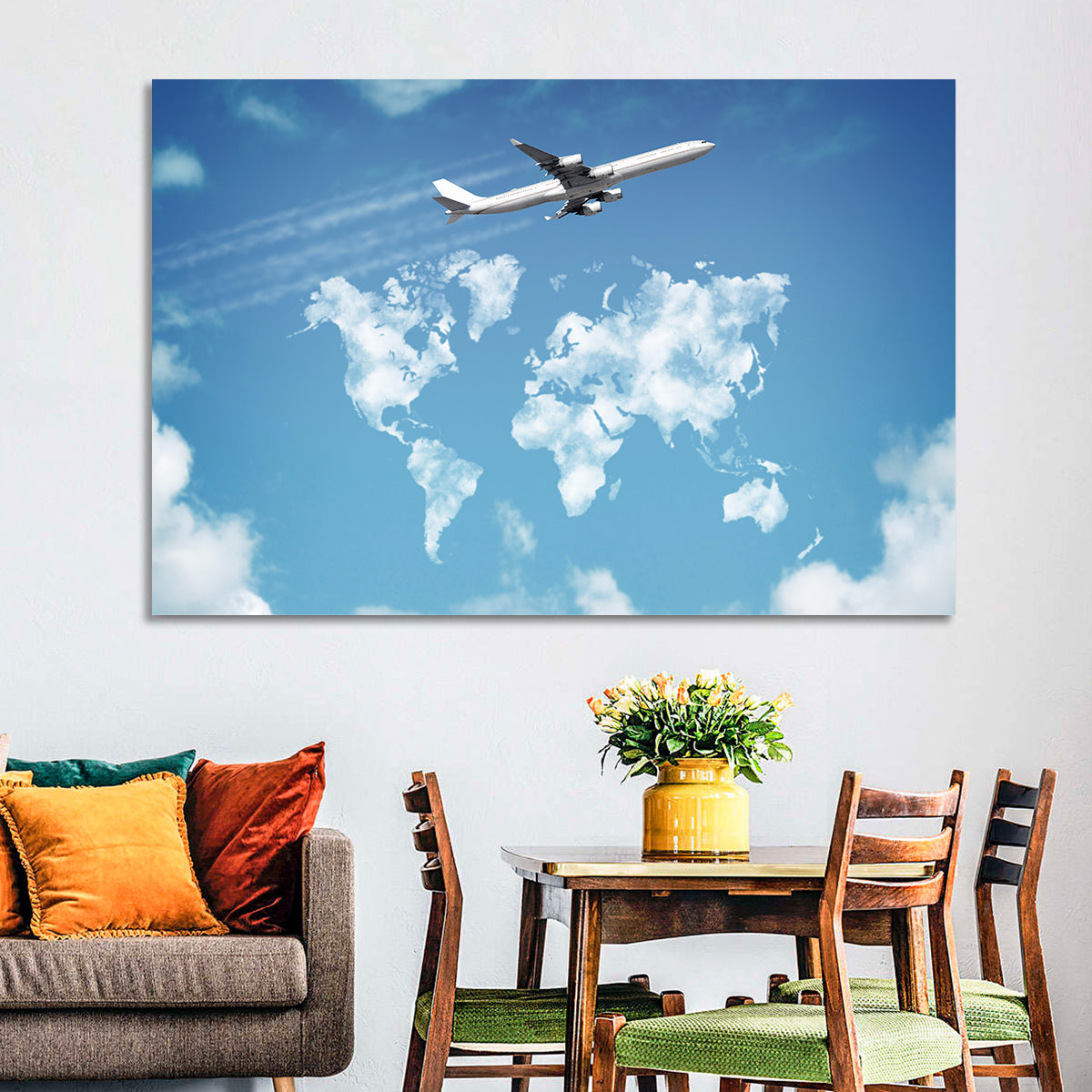 Jet Over Cloud World Map Wall Art in a room, landscape