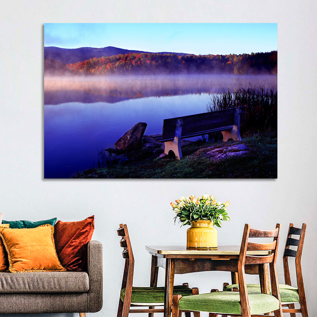 Bench at Misty Lake Sunrise Wall Art in a room, landscape
