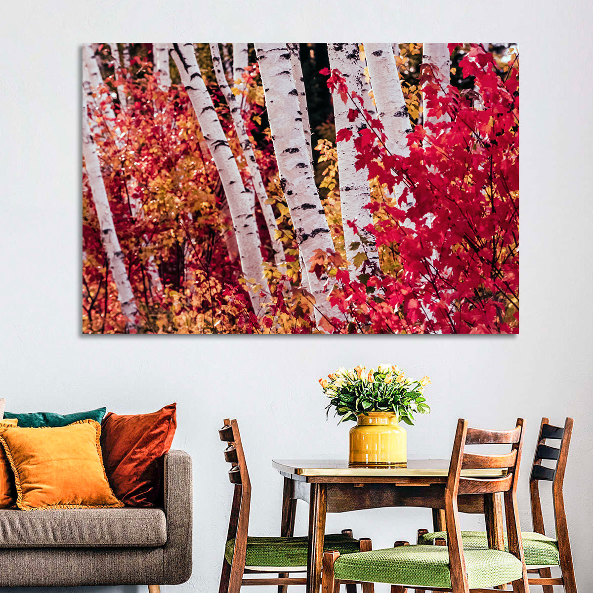 Autumn Birches with Crimson Maples Wall Art in a room, landscape