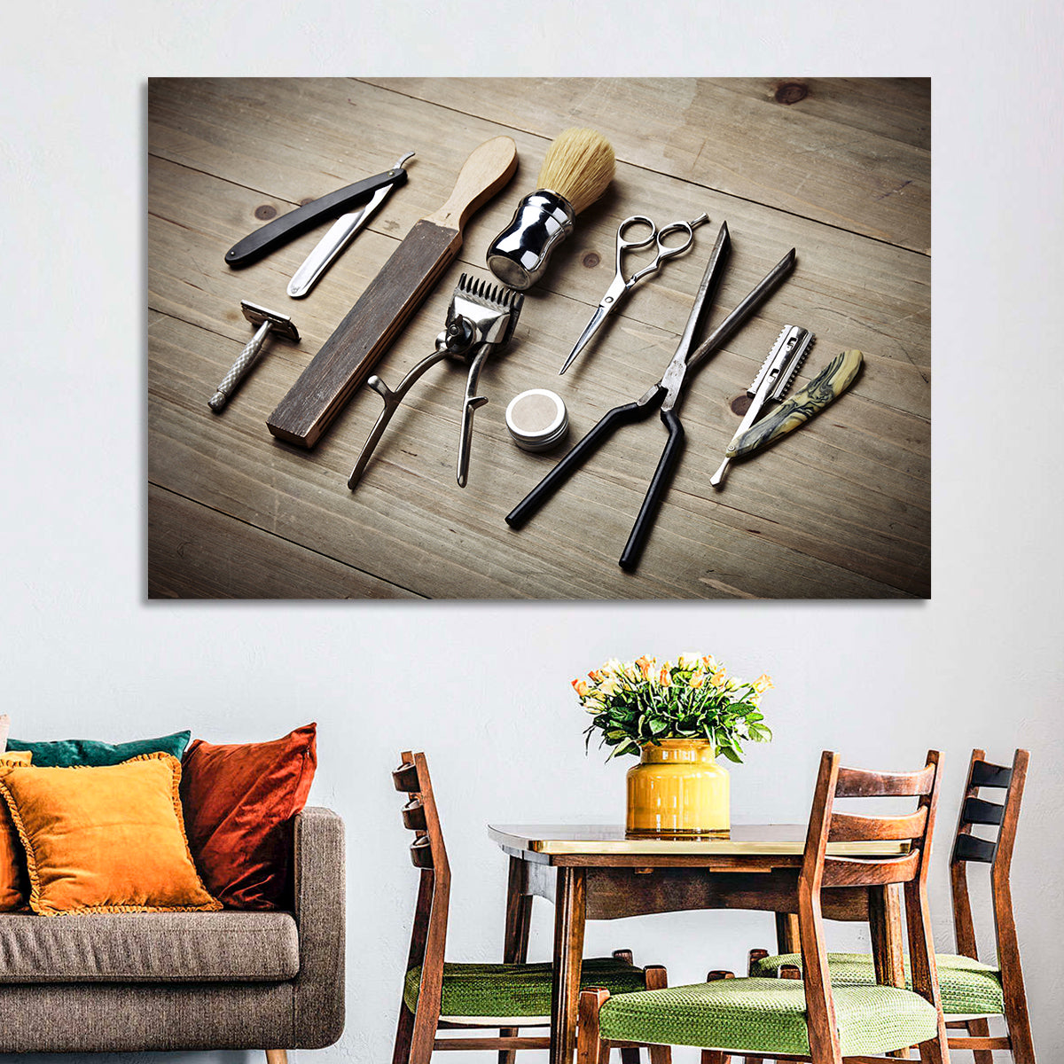 Vintage Barber Tools on Wooden Workbench Wall Art