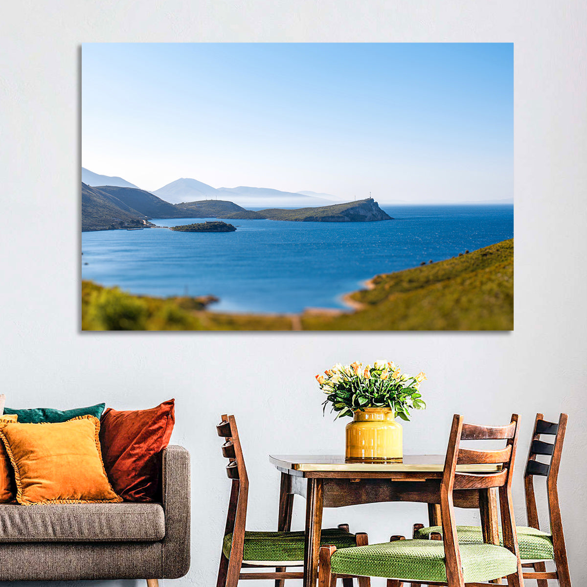 Coastal Cliffs and Lighthouse Bay Wall Art in a room, landscape
