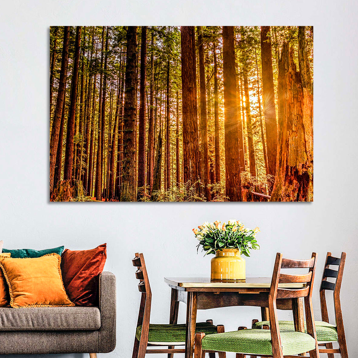 Golden Hour Redwood Sunburst Wall Art in a room, landscape