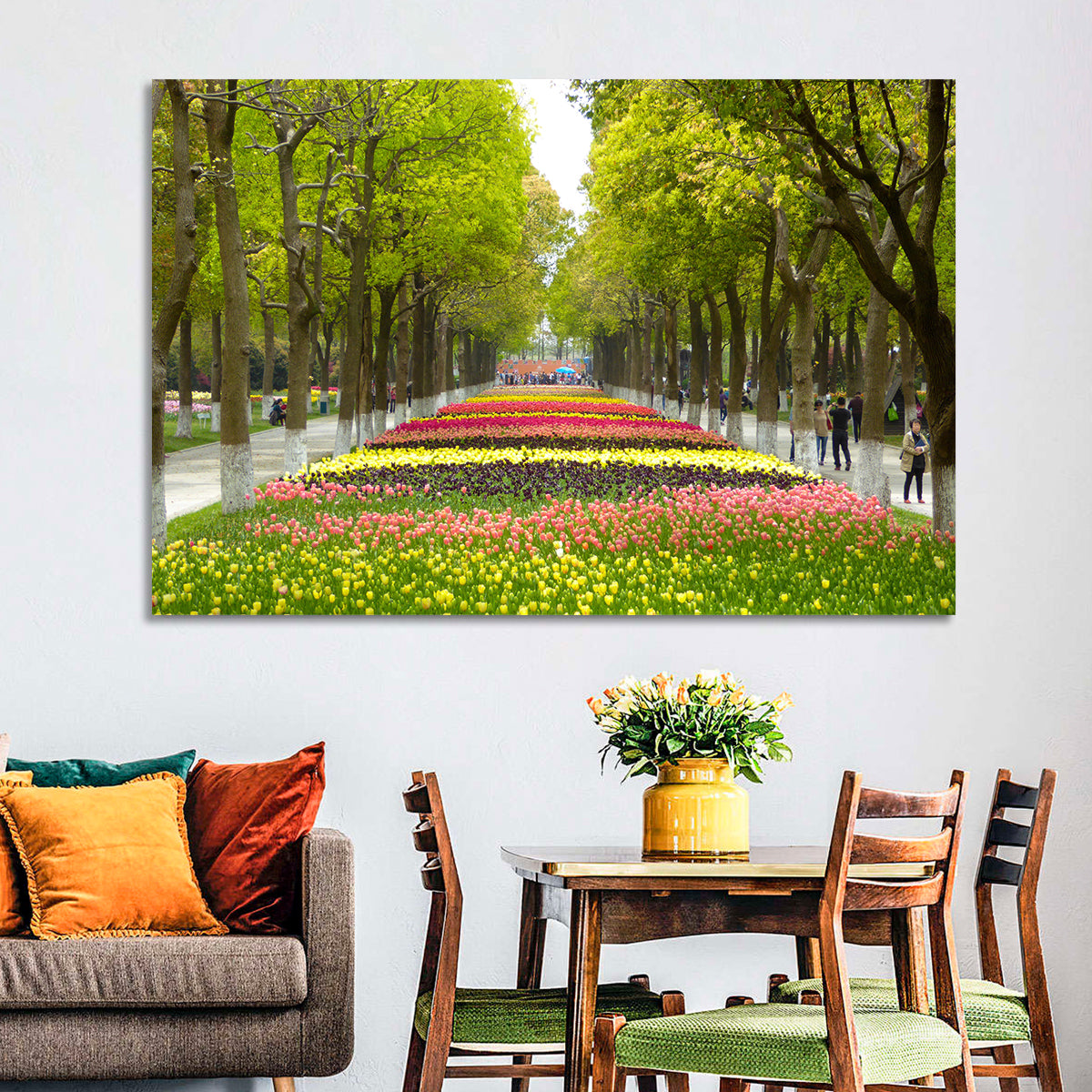 Tree-lined Tulip Garden Path Wall Art in a room, landscape