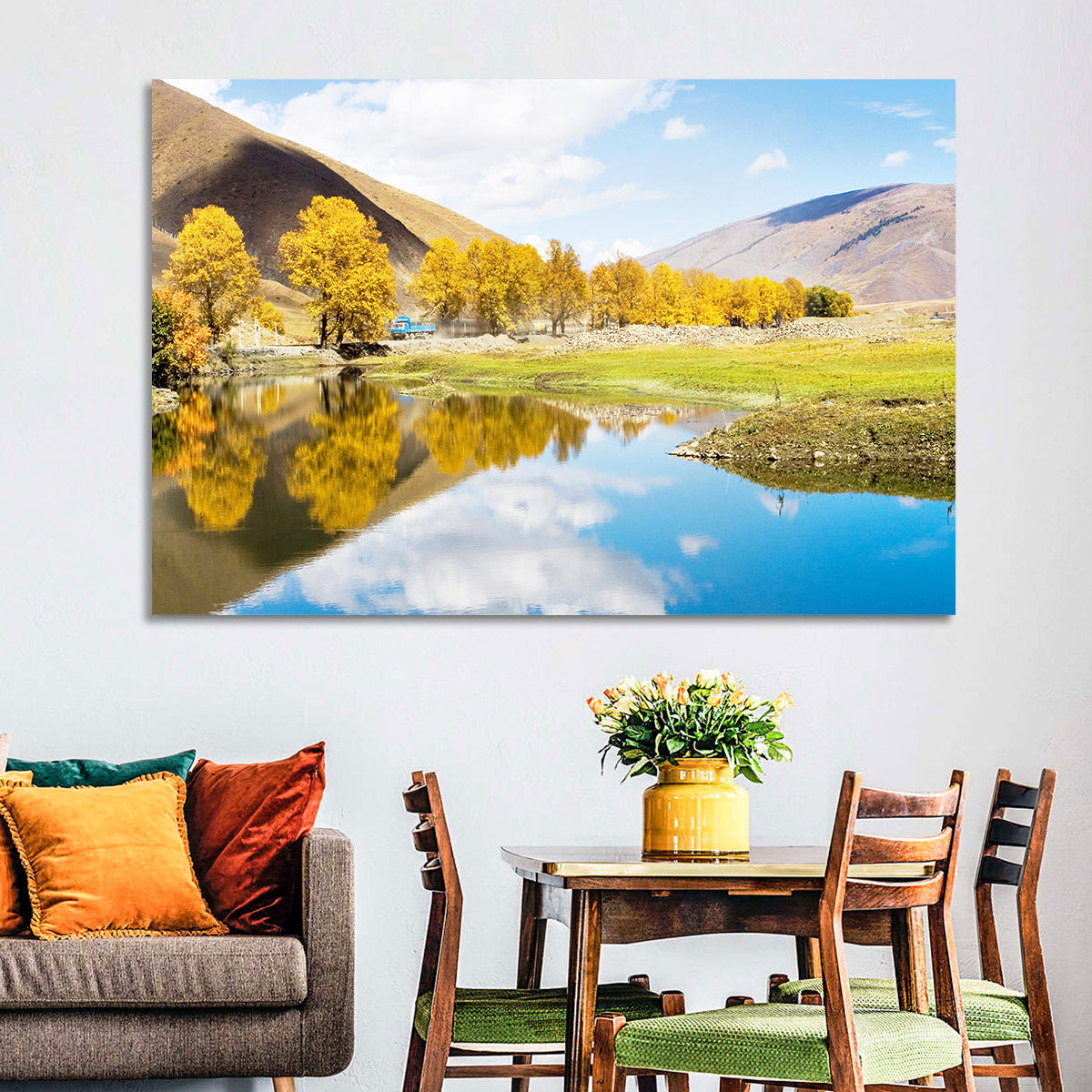 Chanxi Autumn Reflection Road Wall Art in a room, landscape