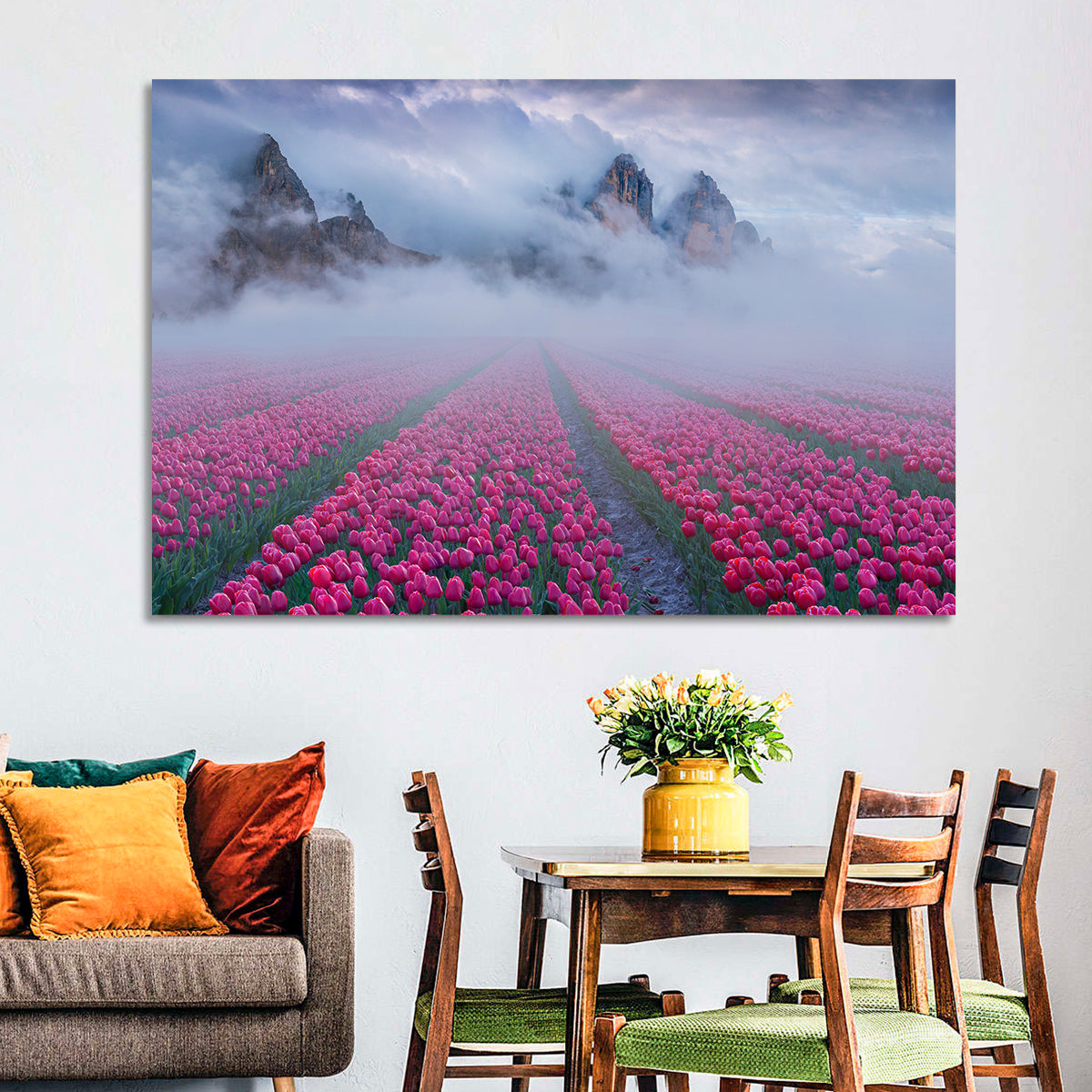 Misty Pink Tulip Field Wall Art in a room, landscape