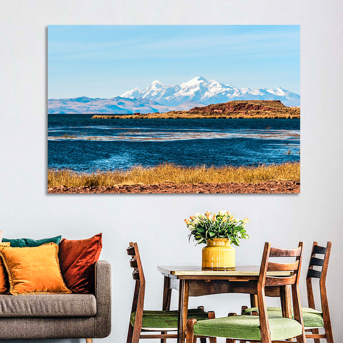 Lake Titicaca Blue and Gold Wall Art in a room, landscape