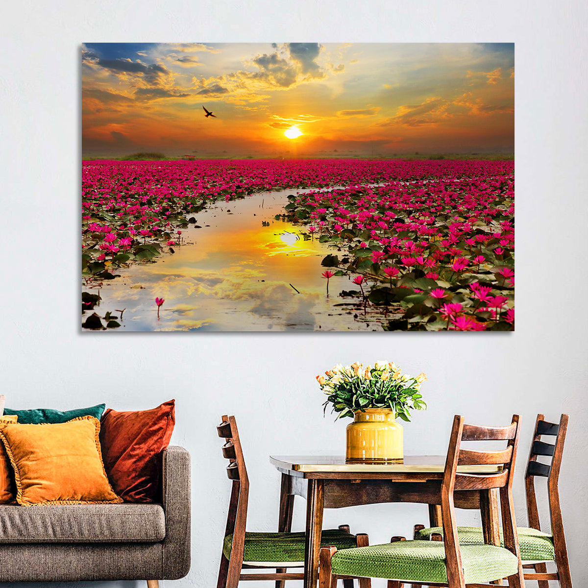 Golden Hour Lotus Field Wall Art in a room, landscape
