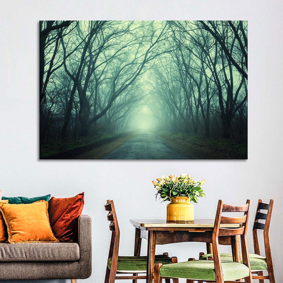 Foggy Forest Pathway Wall Art in a room, landscape