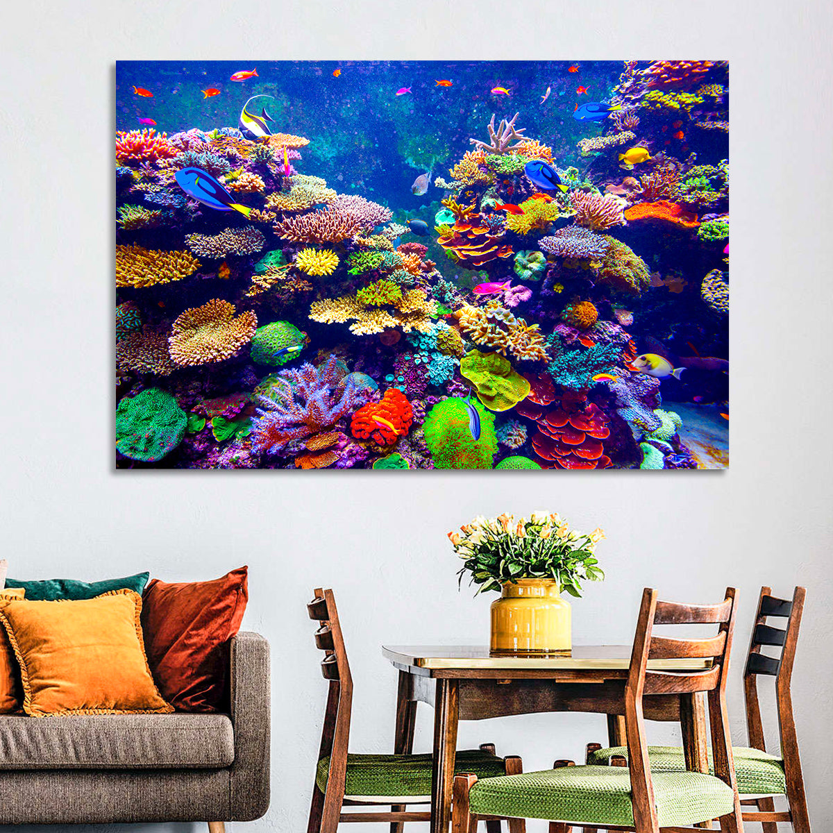 Tropical Coral Reef Aquarium Wall Art in a room, landscape