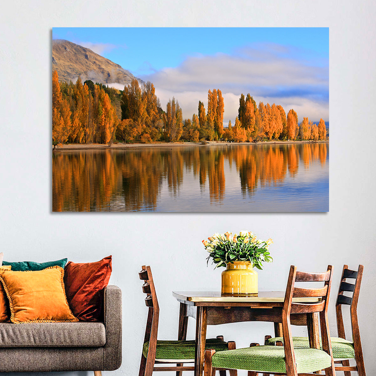 Lake Wanaka Autumn Reflection Wall Art in a room, landscape