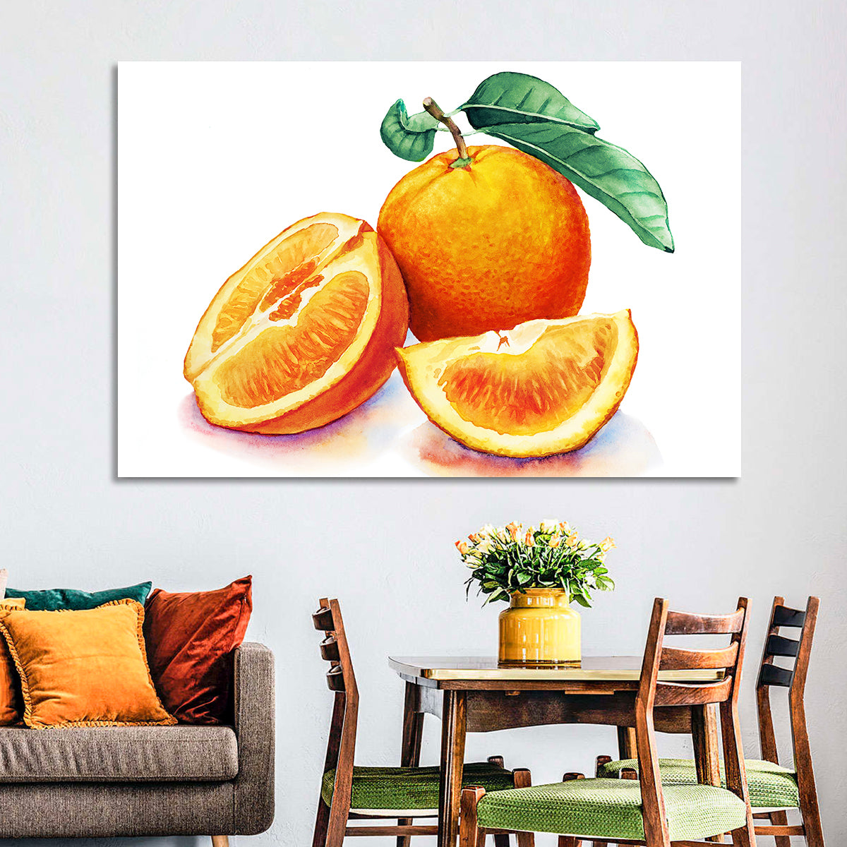 Watercolor Orange Still Life Wall Art in a room, landscape