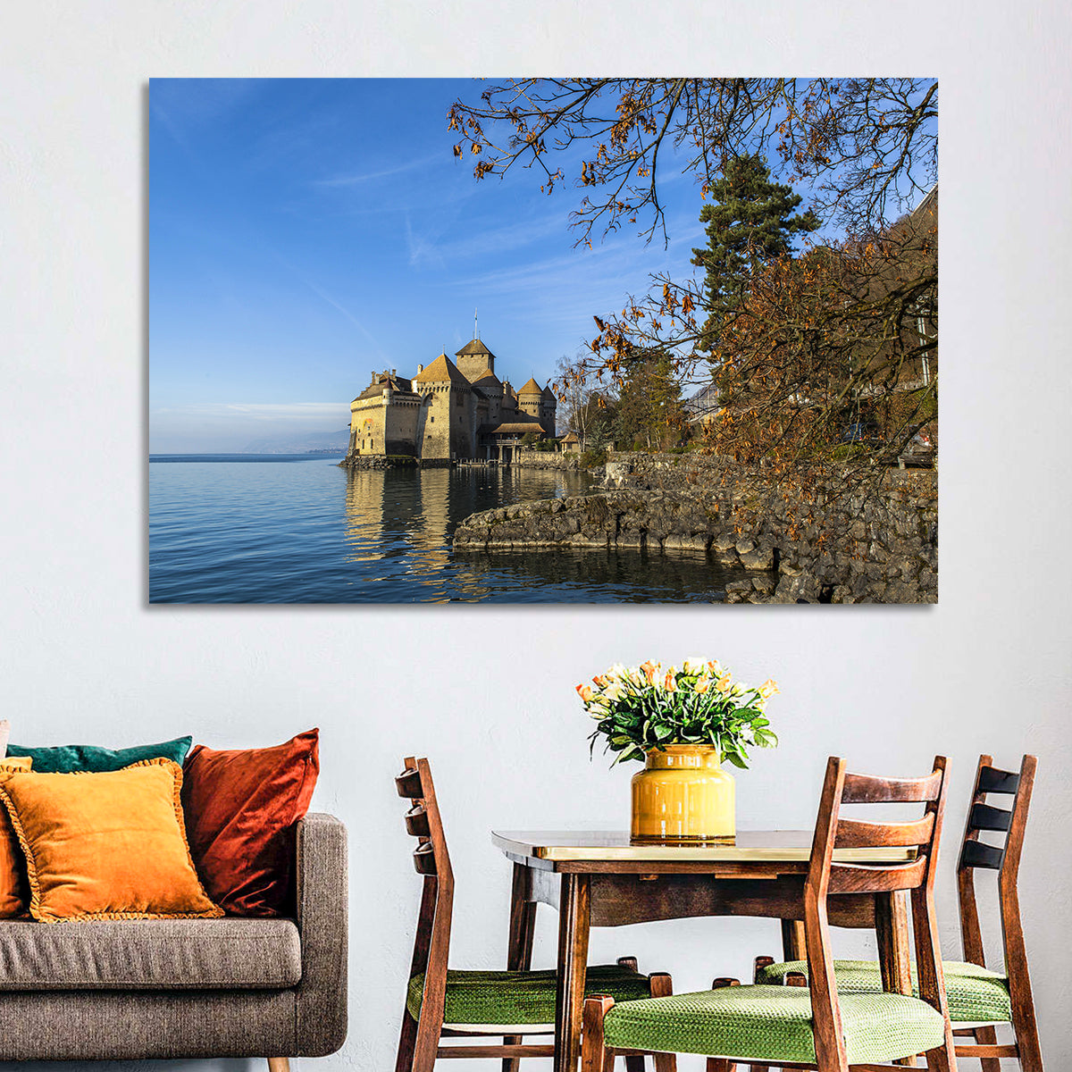 Chillon Castle on Lake Geneva Wall Art in a room, landscape