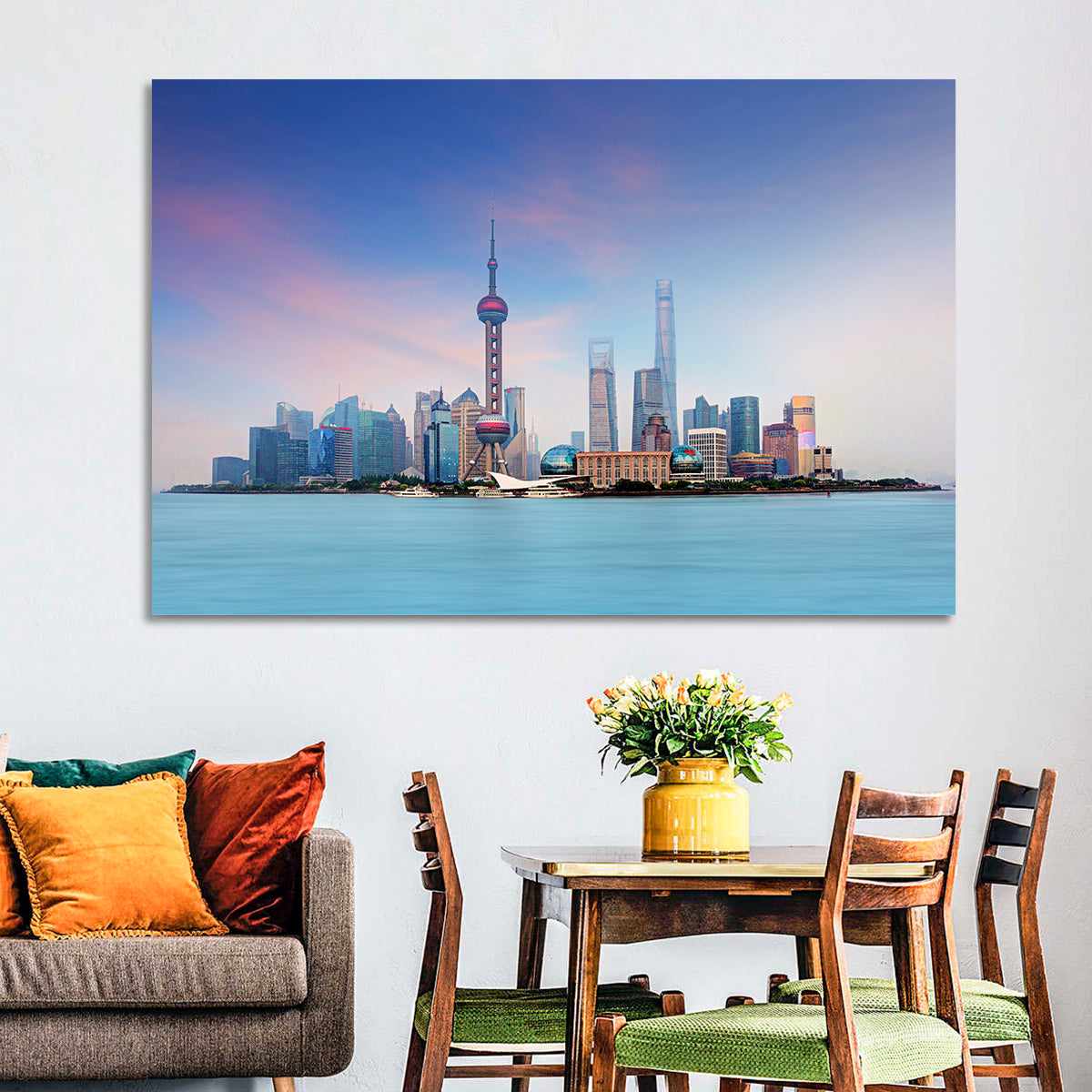 Shanghai Lujiazui Skyline Wall Art in a room, landscape