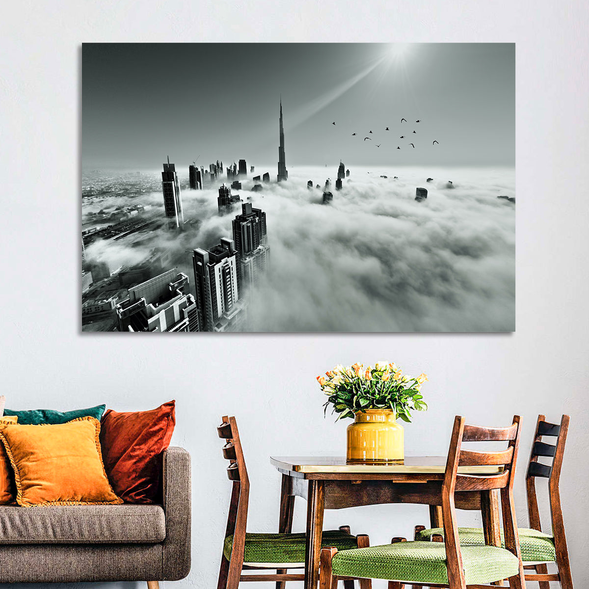 Burj Khalifa Rising Through Morning Fog Wall Art in a room, landscape