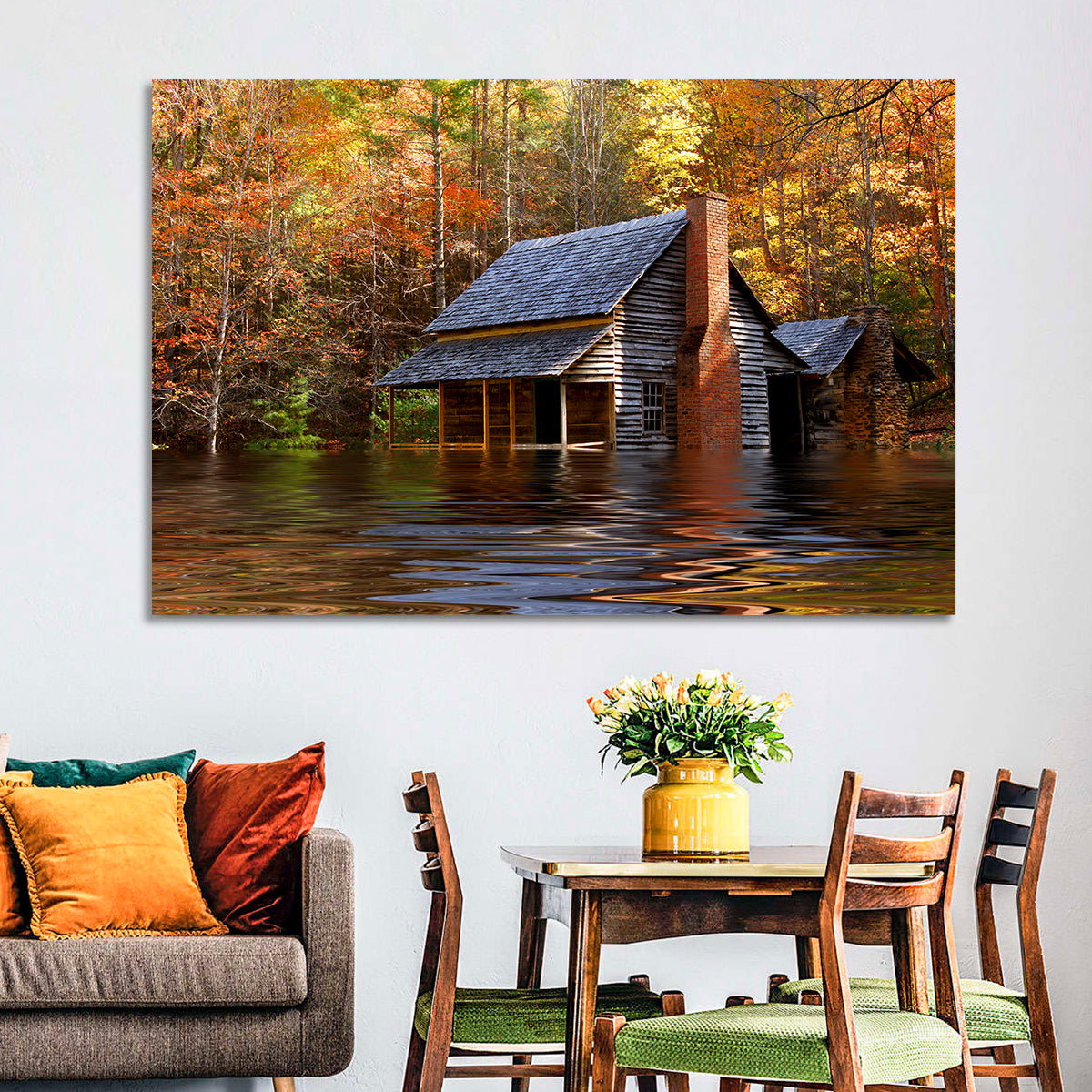 Autumn Flooded Log Cabin Wall Art in a room, landscape