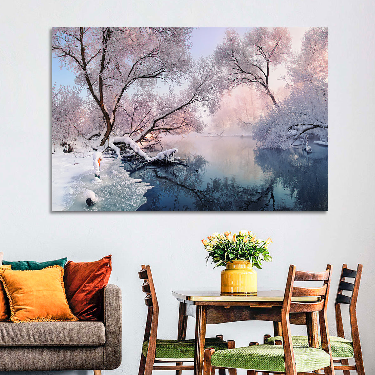 Snowy Lake Morning Mist Wall Art in a room, landscape
