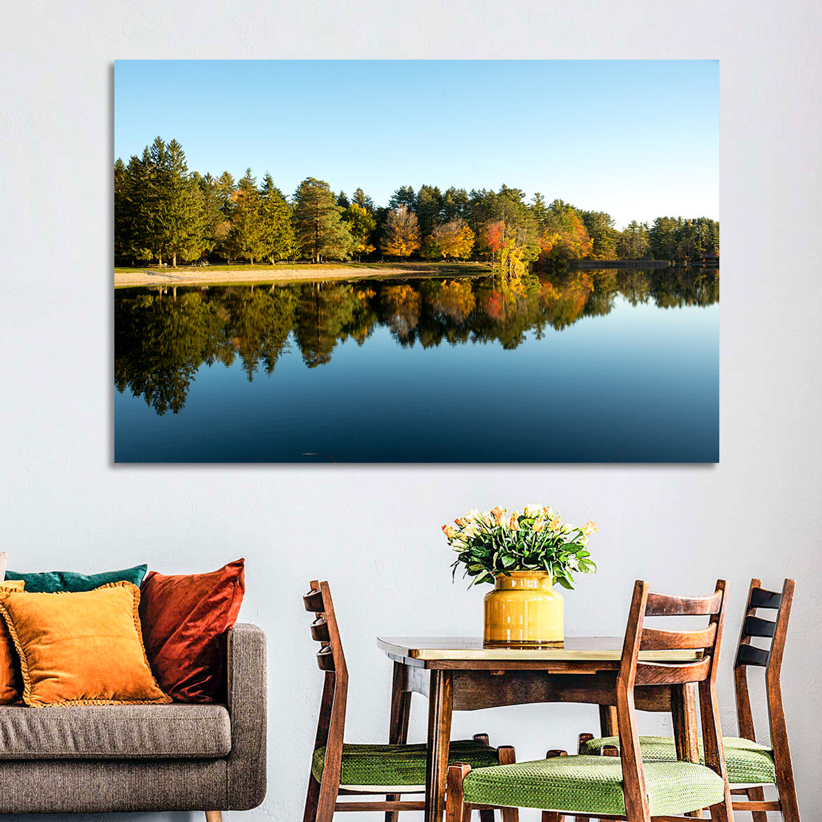 Lake Shaftsbury Autumn Reflection Wall Art in a room, landscape