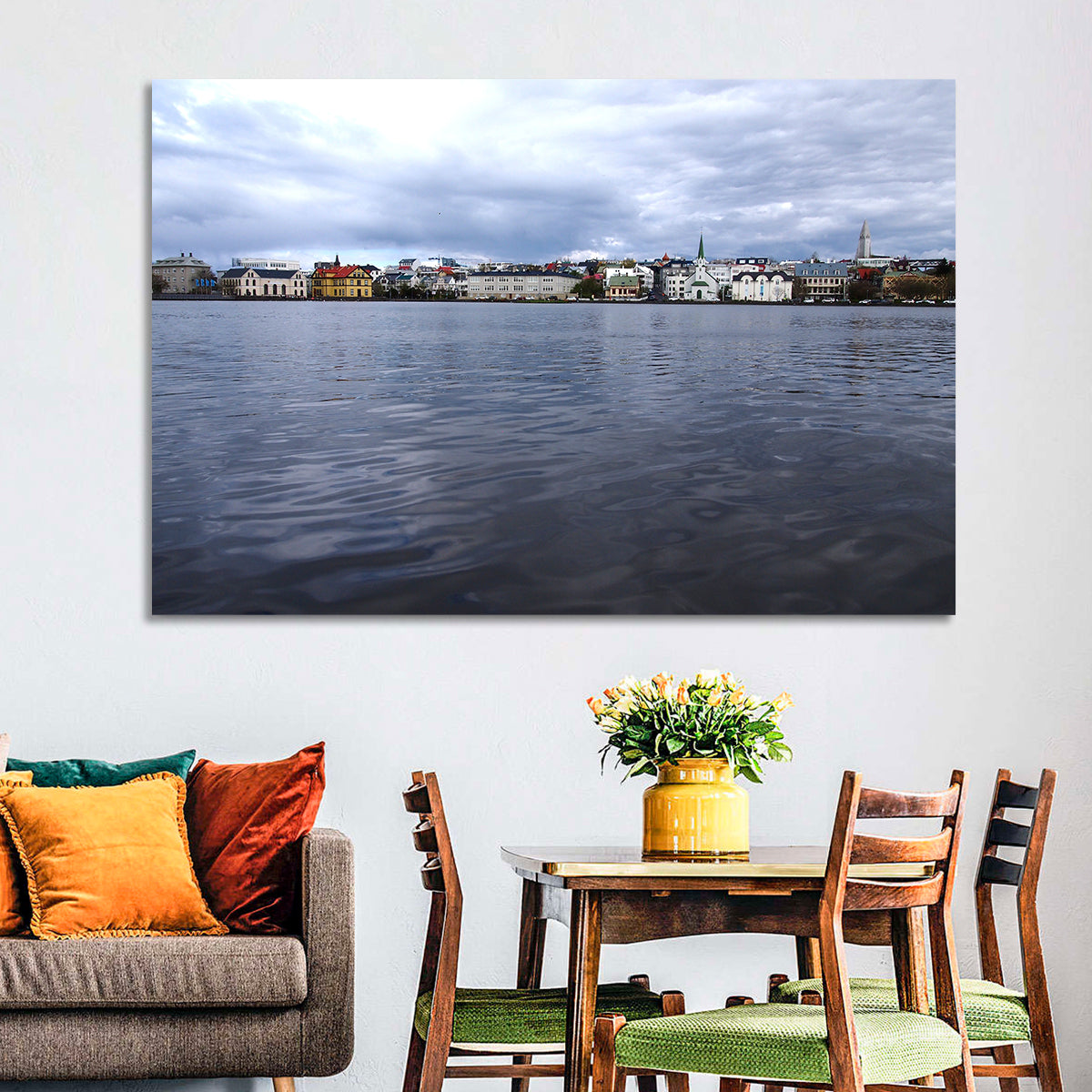 Tjörnin Reykjavik Skyline Wall Art in a room, landscape