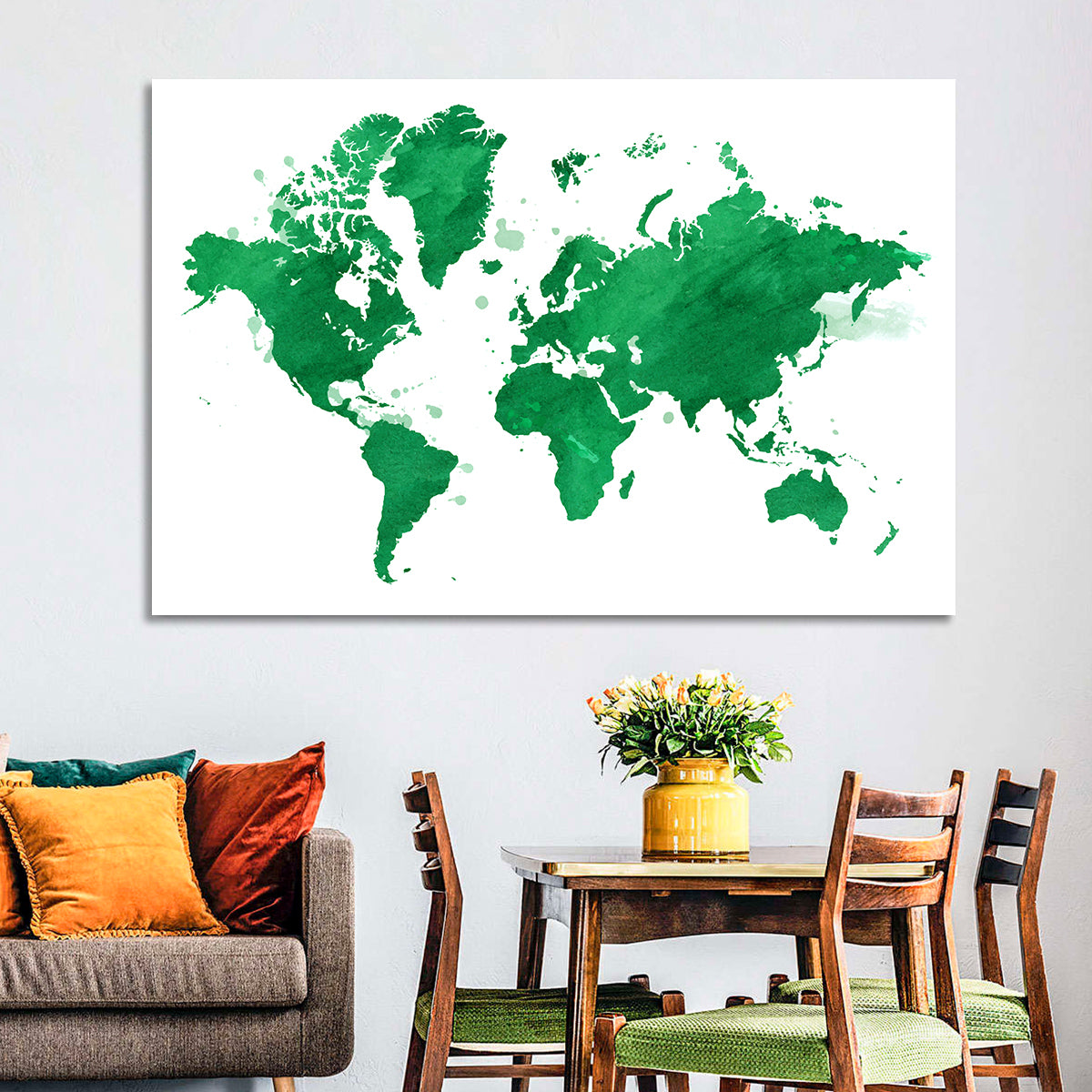 Green Watercolor World Map Wall Art in a room, landscape