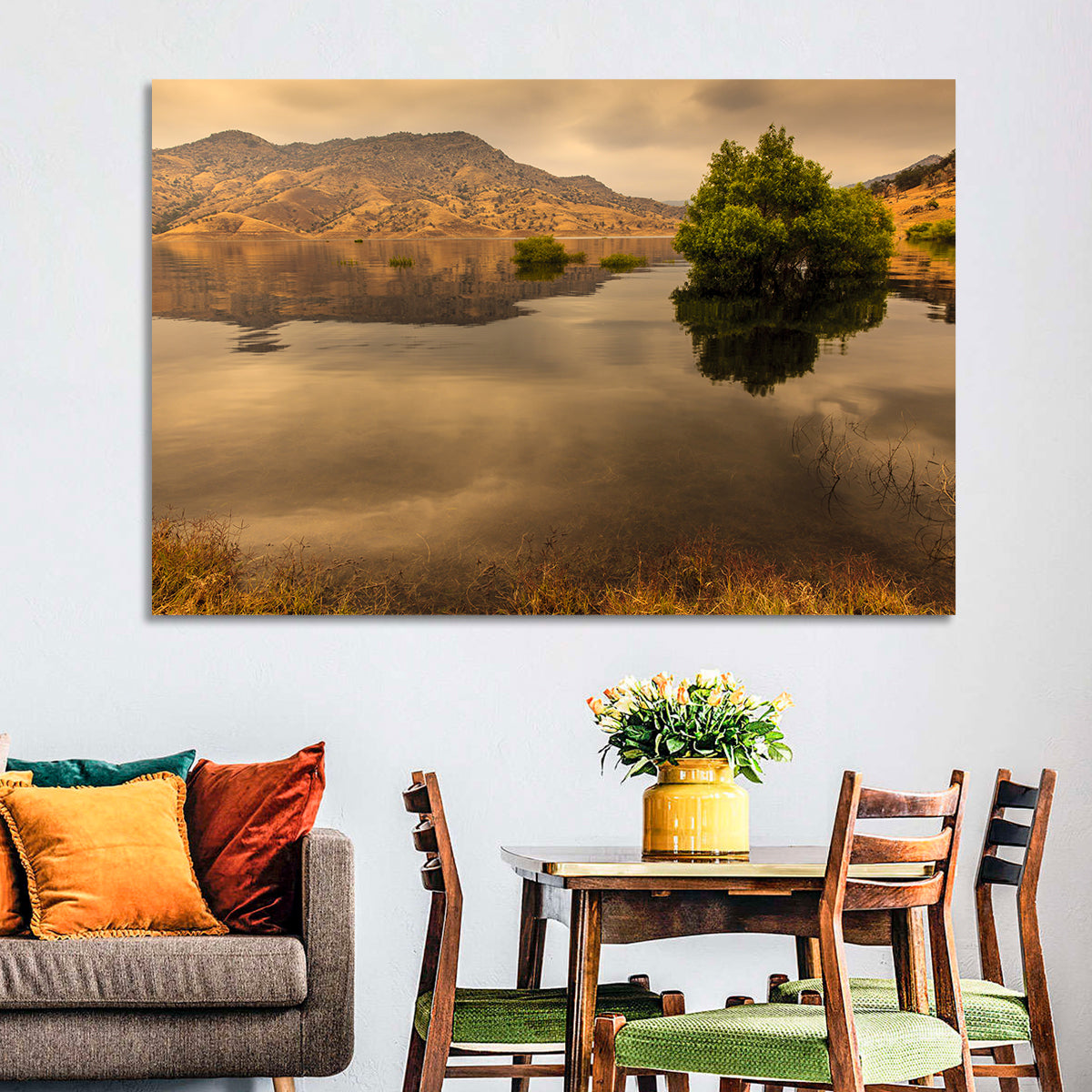 Lake Kaweah Golden Hour Reflection Wall Art in a room, landscape
