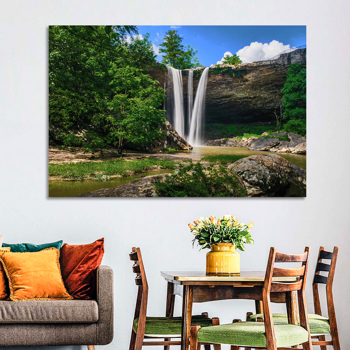 Noccalula Falls Waterfall in Daylight Wall Art in a room, landscape