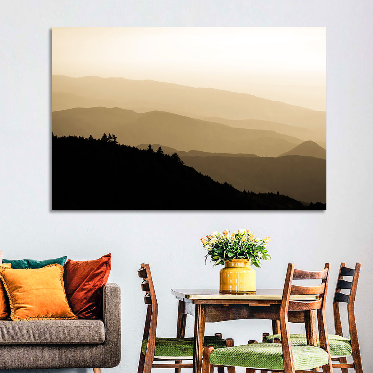 Foggy Mountain Sunset with Evergreen Silhouettes Wall Art in a room, landscape